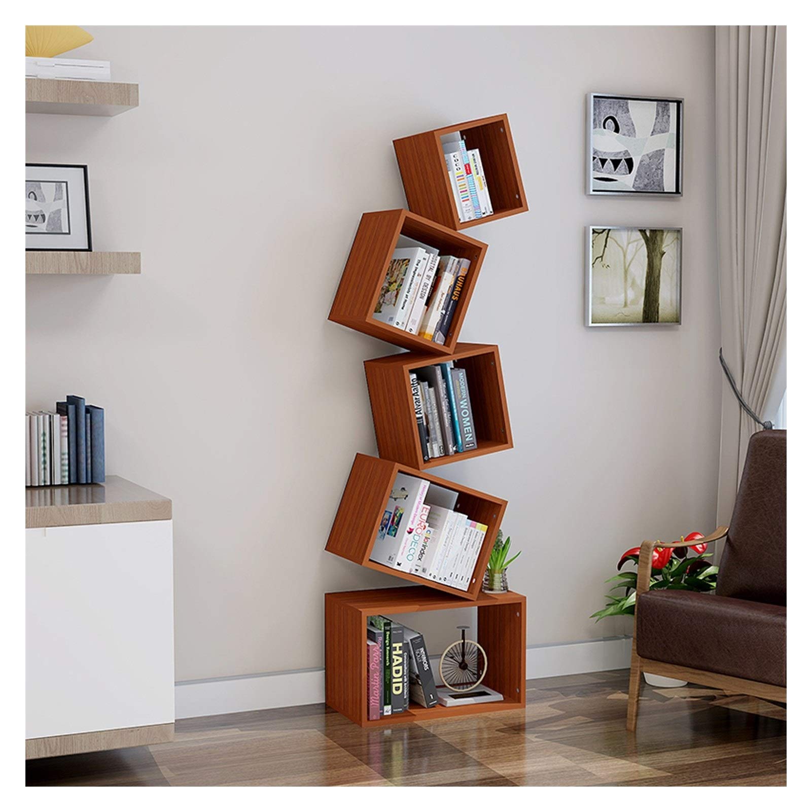 5-Tier Geometric Wooden Bookshelf - Modern Stacked Square Bookcase for Home & Office Storage - Creative Organizer & Display Shelf for Books, Decor, and Essentials - Perfect for Living Room, Bedroom, or Study Space