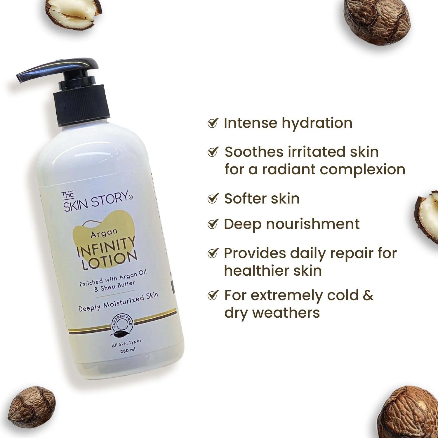 The Skin Story Argan Infinity Body Lotion for Dry Skin - Deep Hydration & Anti-Aging with Argan Oil, Shea Butter & Macadamia Nut Oil | Paraben Free 280ml | Perfect for Daily Moisturizing & Nighttime Skin Repair