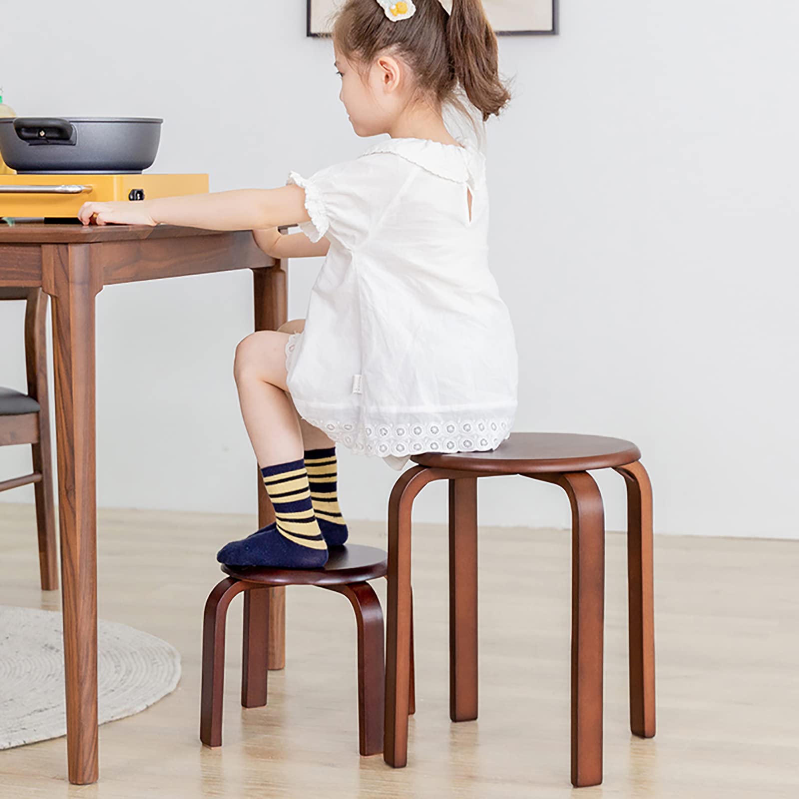 18 Inch Solid Wood Dining Stools Set of 2 - Round Backless Stackable Stools for Kitchen, Bar, Living Room & Bedroom - Natural Wooden Seat Stools for Home Decor & Extra Seating
