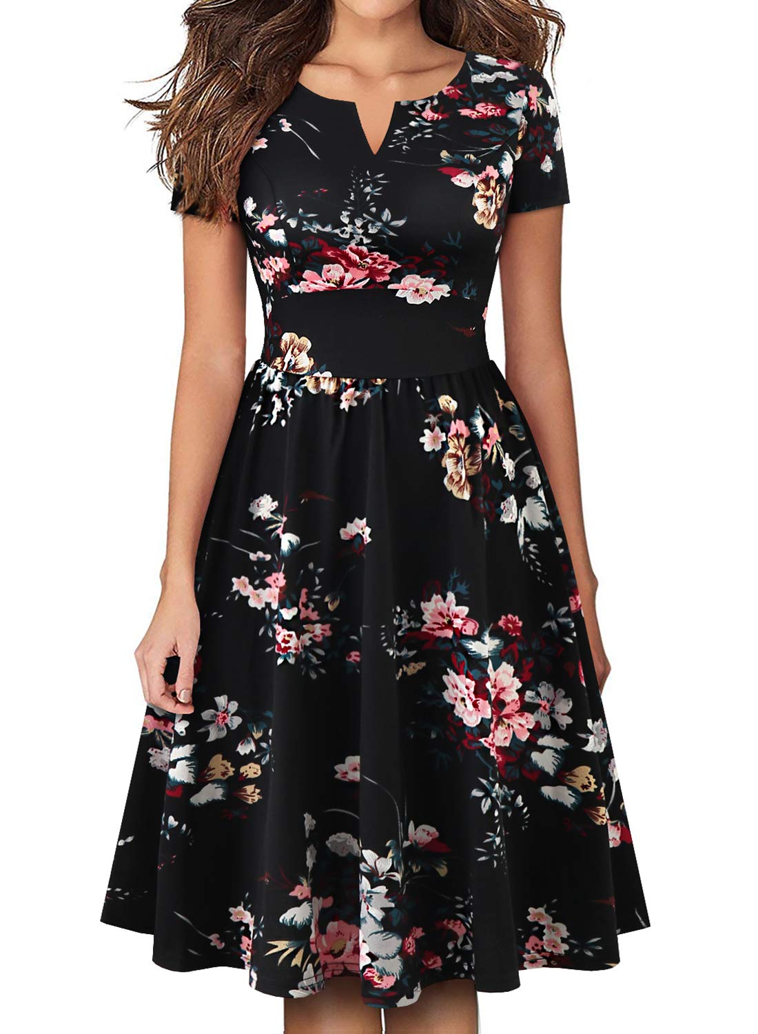 YATHON Women's Vintage Pleated Flared Swing A-Line Dress - Elegant Casual & Office Party Wear for Work, Date Night & Special Occasions