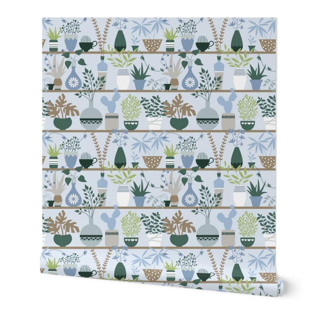 Premium Commercial Grade Wallpaper 27ft x 2ft - Botanical Leaf & Cactus Design for Home Decor | Spoonflower Traditional Wallpaper | Perfect for Living Rooms, Bedrooms & Offices