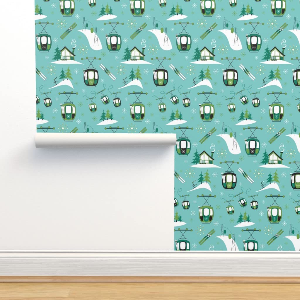 Peel & Stick Removable Wallpaper - Skiing Snowflake Winter Alpine Retro Vintage Gondola Design for Home Decor | Perfect for Bedroom, Nursery, Kitchen & Office