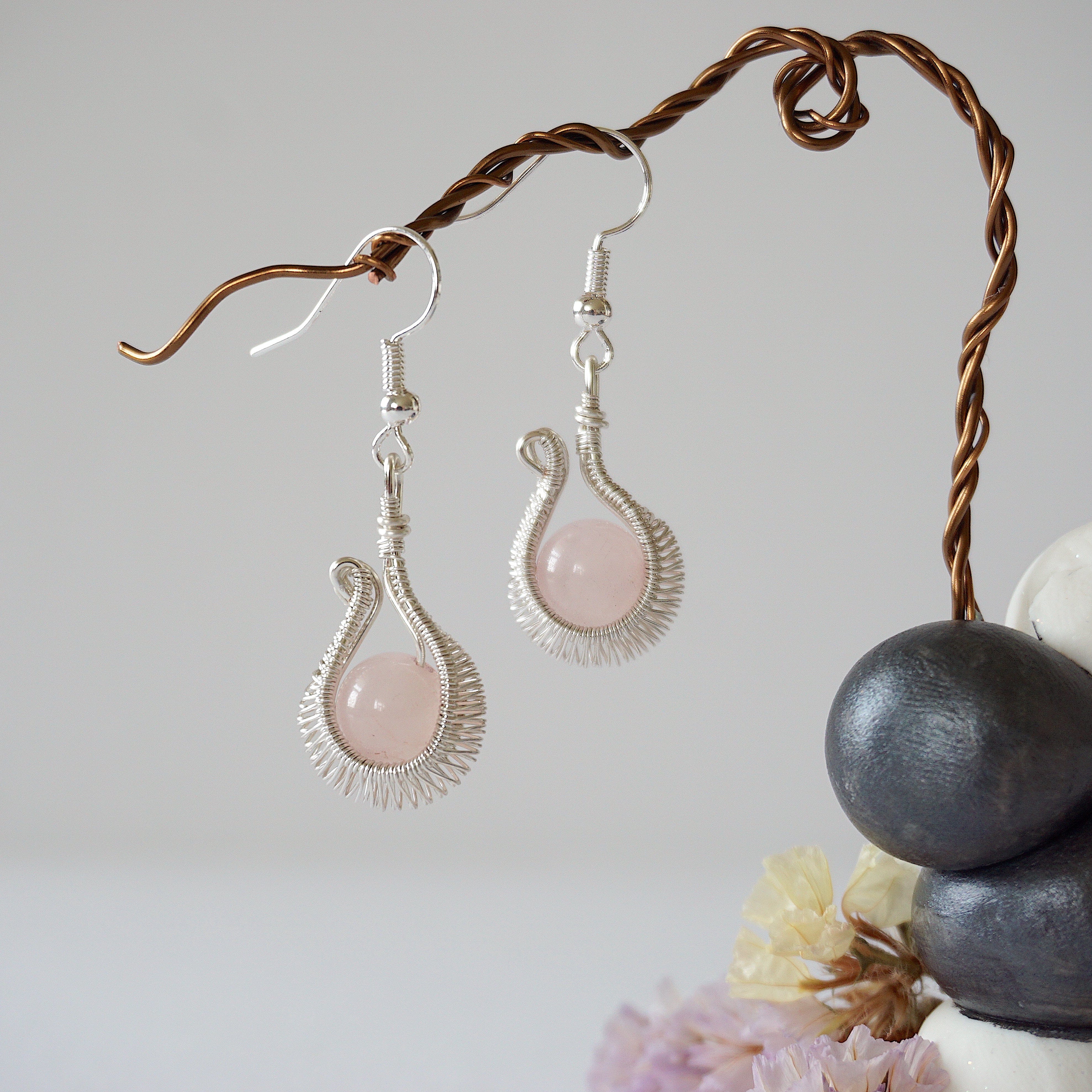 Rose Quartz Hoop Earrings - Silver Plated Cradle Design for Women | Healing Crystal Jewelry for Everyday Wear & Spiritual Wellness