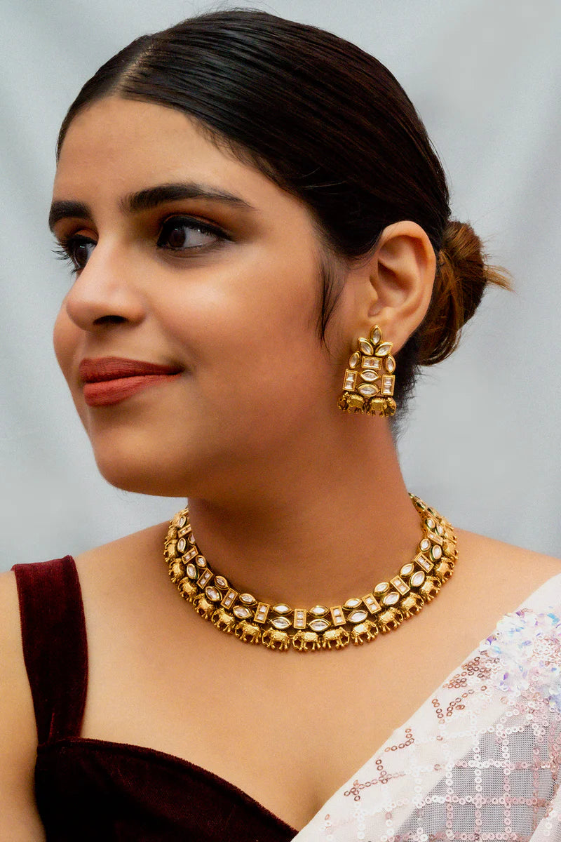 Luxury Gold Plated Royal Kundan Necklace and Earrings Set for Women - Indian Bridal Jewelry, Wedding Party Accessories, Ethnic Fashion Statement