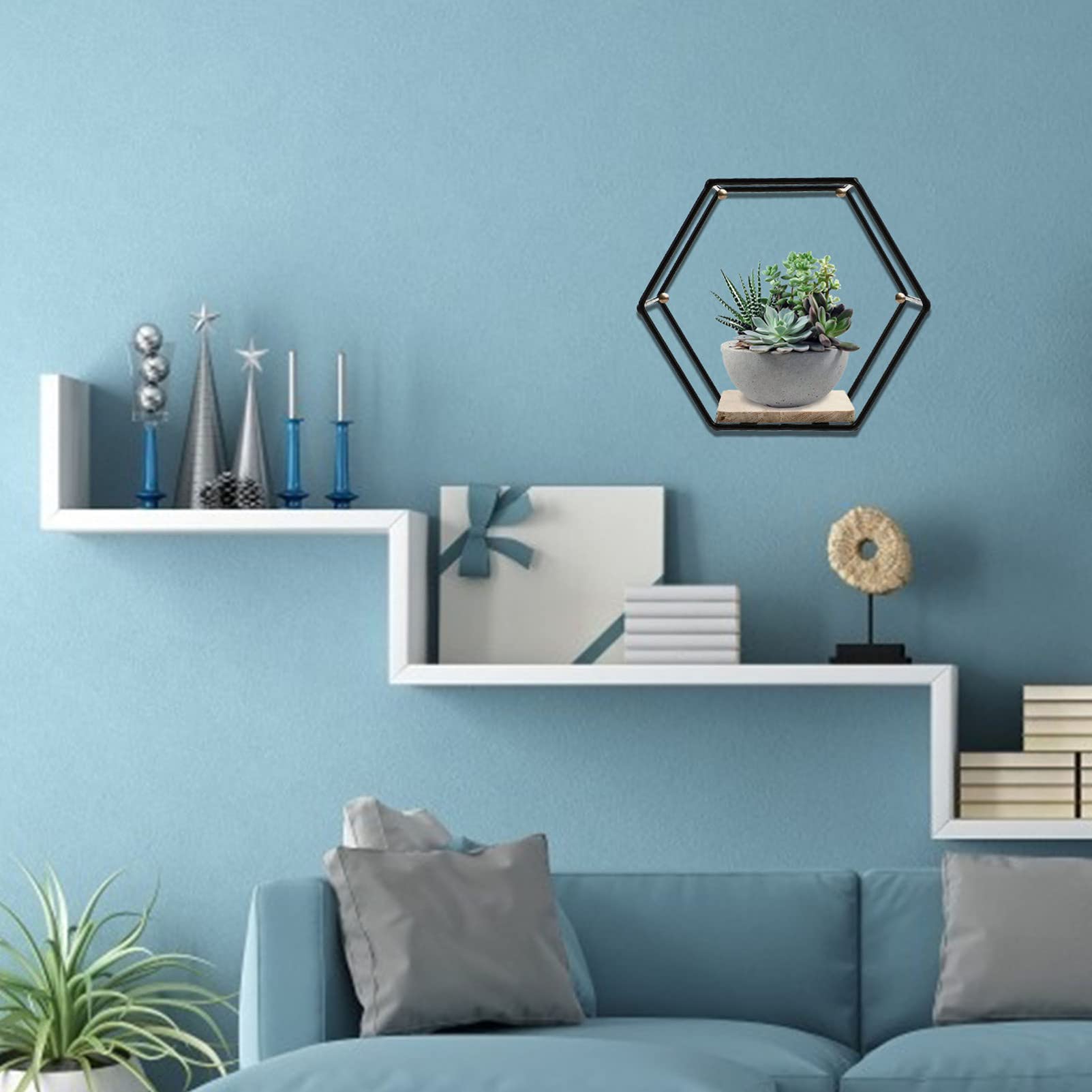 Hexagon Floating Shelf - Metal Frame Wall Mount Display Shelf for Storage & Organization | Rustic Geometric Shelf for Books, Plants, Sundries | Perfect for Living Room, Bedroom, Bathroom Decor