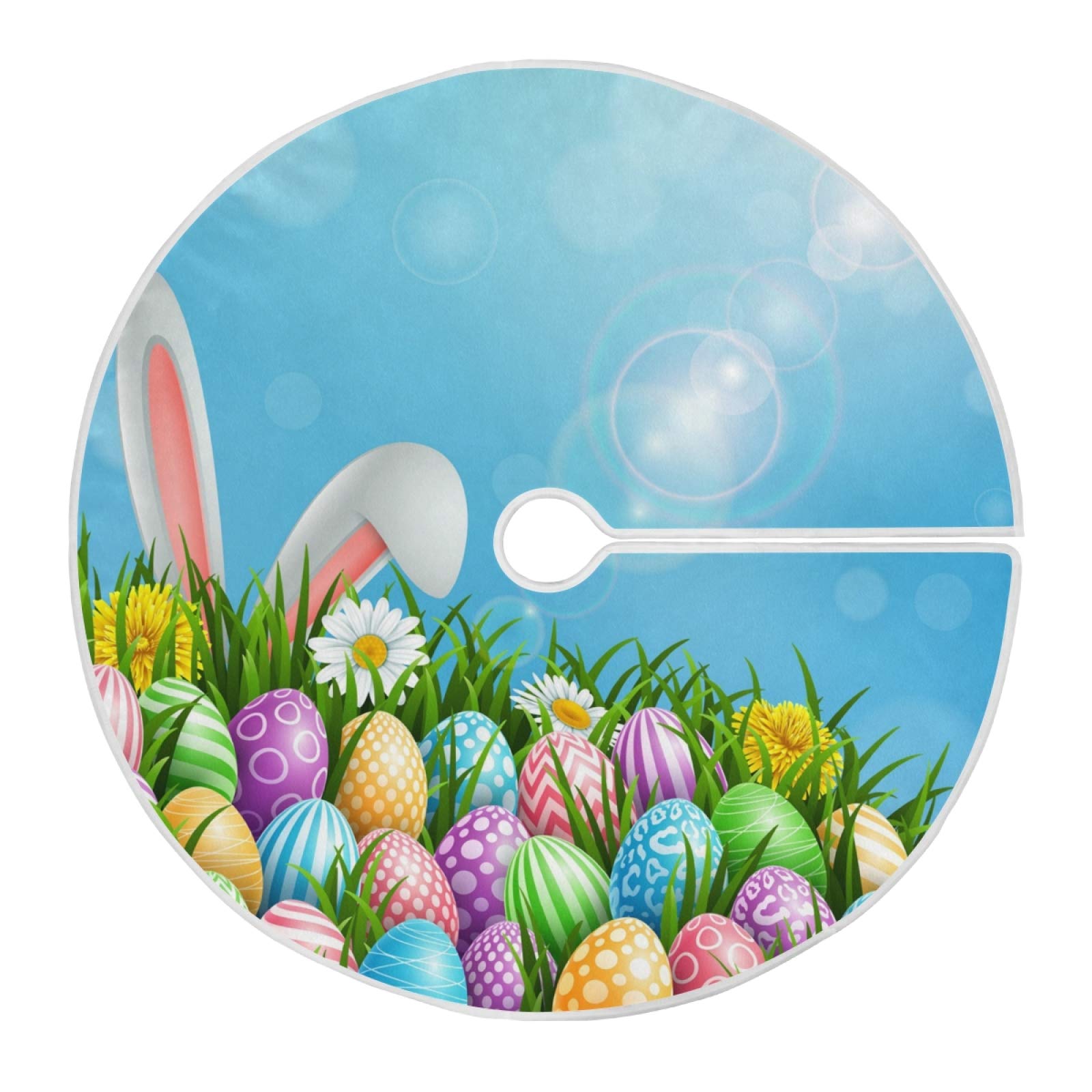 Qilmy 35.4 Inch Easter Christmas Tree Skirt - Colorful Eggs, Cute Bunny, Spring Flowers & Grass Design - Soft Suede Fabric for Holiday Decor - Perfect for Easter Party, Indoor & Outdoor Christmas Decorations | Great for Living Room, Front Porch & Holiday Gatherings