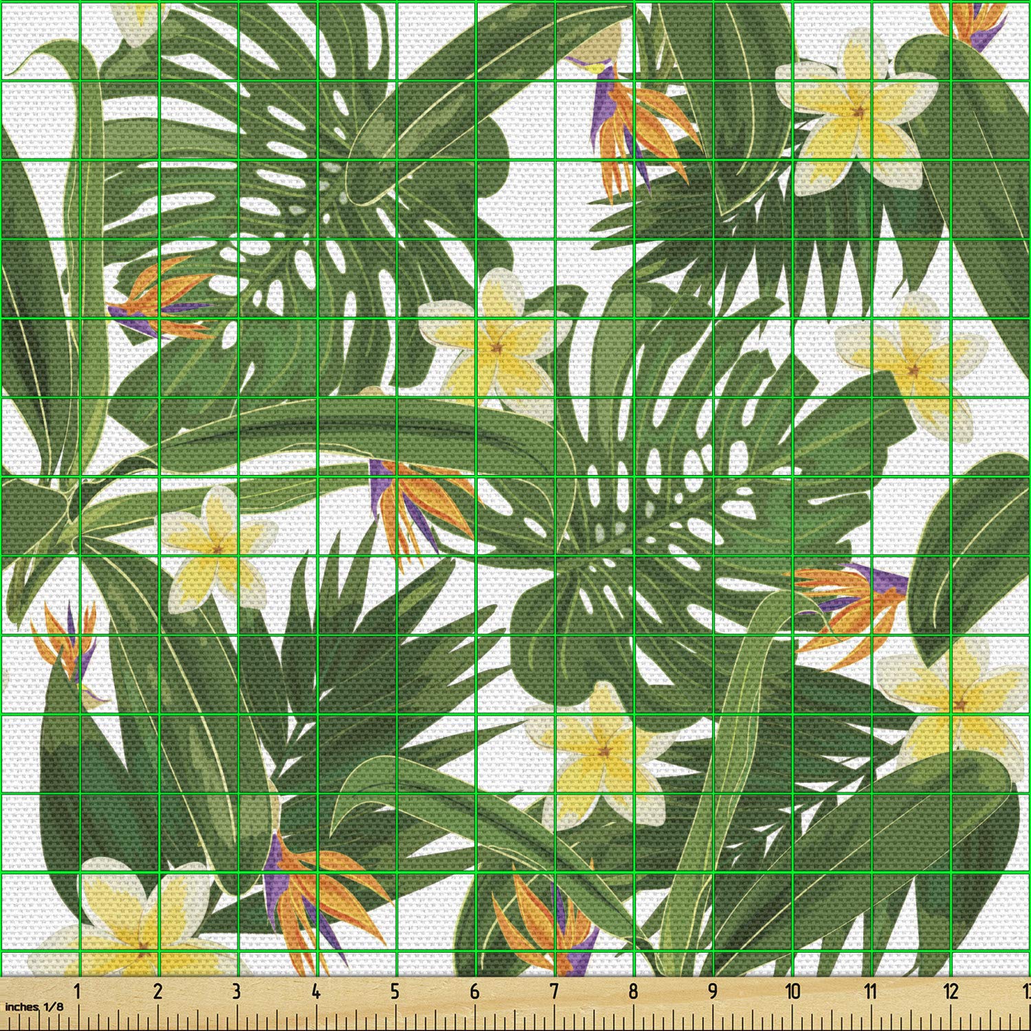 Ambesonne Tropical Fabric by The Yard - Monstera Palm Leaves, Hibiscus Flowers & Strelitzia Pattern on White Olive Green Plain Backdrop - Decorative Upholstery Fabric for Sofa, Curtains, Pillows & Home Decor (1 Yard) | Perfect for Boho, Coastal & Tropical Interior Design