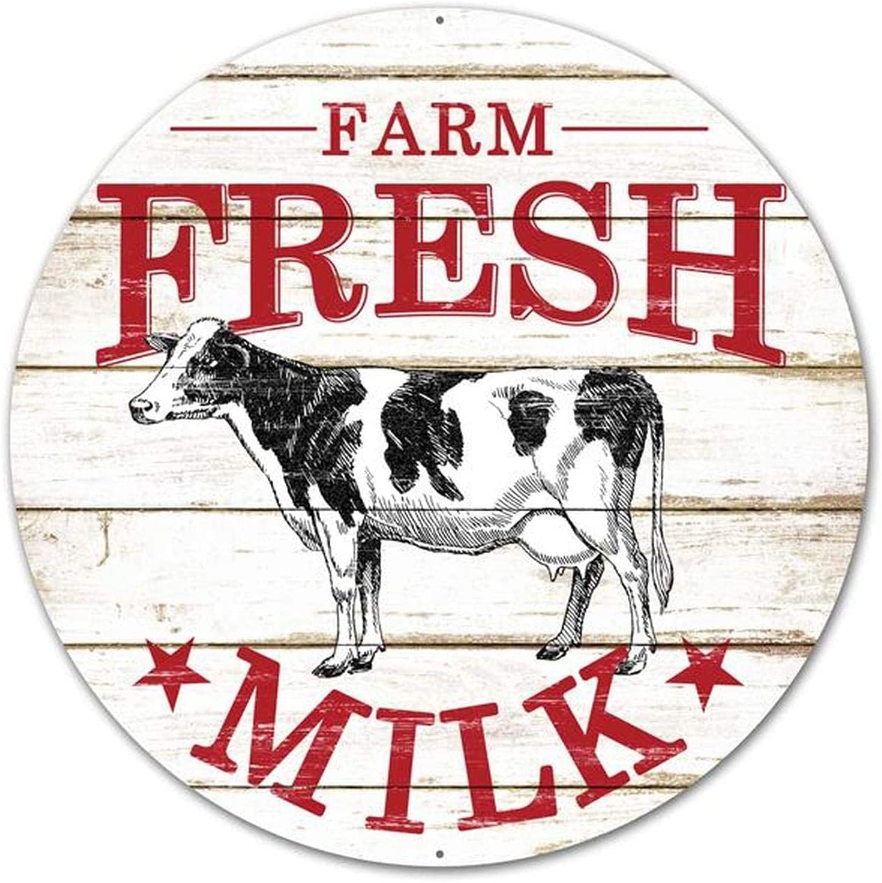 Vintage Round Metal Tin Sign - Rustic Farmhouse Wall Decor with Cow Design for Farmer's Market & Fresh Milk Theme (12x12 Inch) - Perfect for Kitchen, Cafe, Bar, or Country Style Home Decor