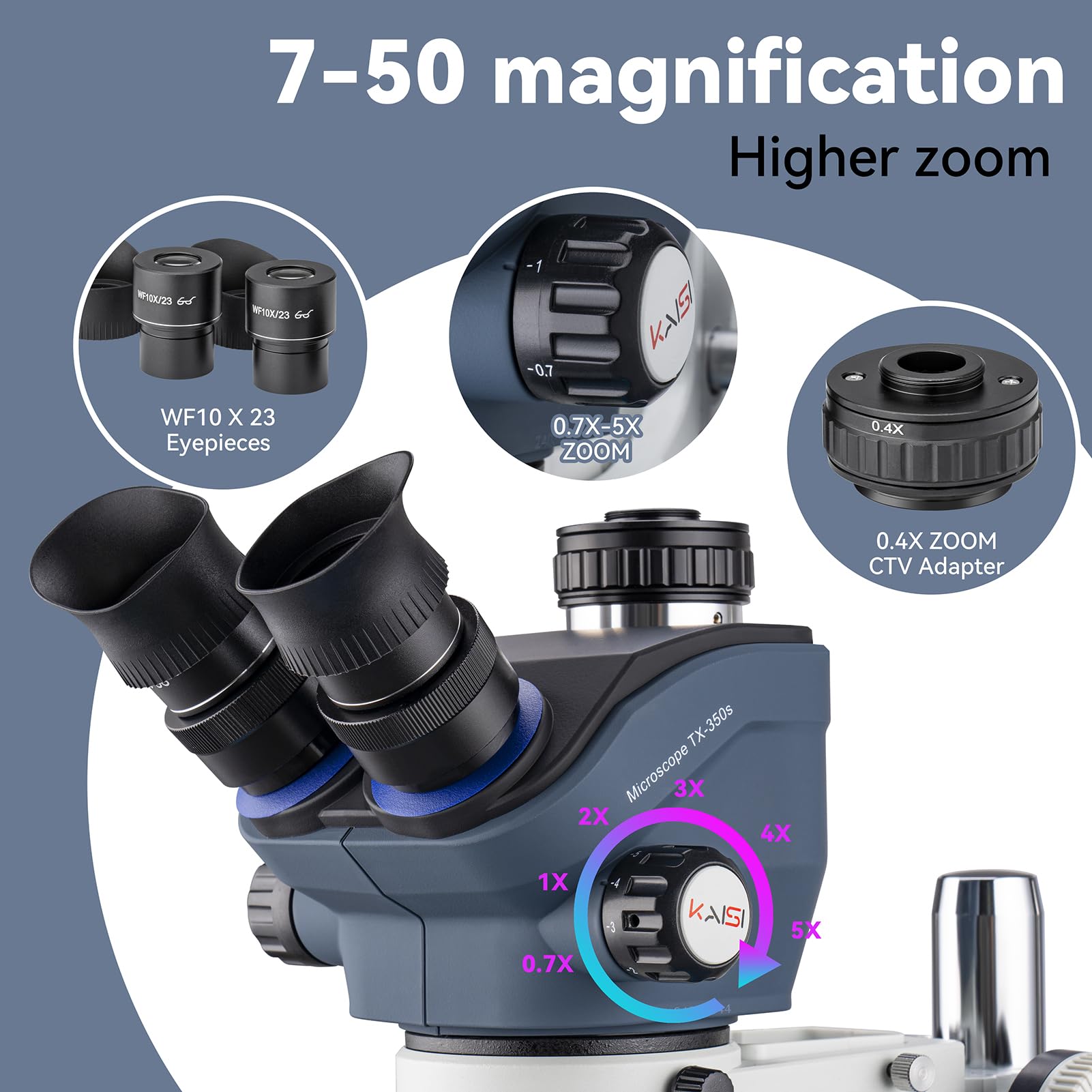 Professional Trinocular Stereo Microscope 7X-50X Magnification with WF10x23 Eyepieces - Ideal for Electronics Repair, Soldering, PCB Inspection & Lab Research