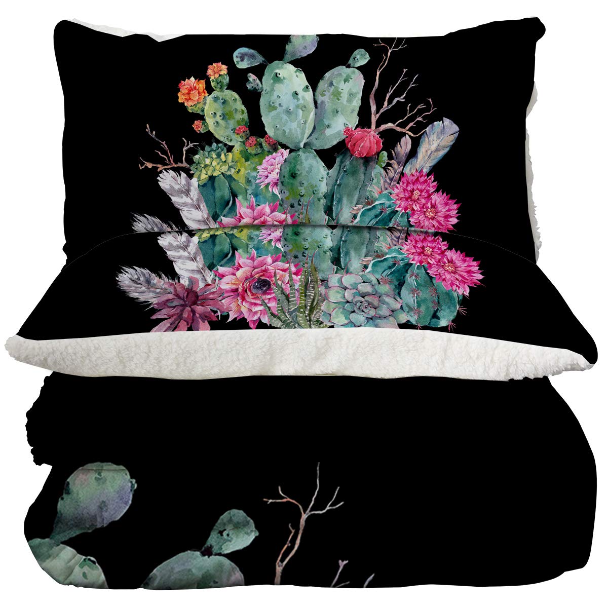 Super Soft Sherpa Comforter Set - Faux Fur Bedspread & 3D Lightweight Fuzzy Duvet Blanket with Polyester Filler - King Size Boho Cactus Print - Includes 2 Pillow Shams - Cozy Bedding for Winter Nights & Boho Chic Bedroom Decor