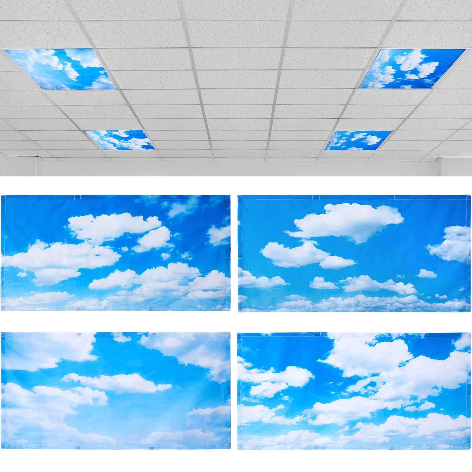 Hortsun 4-Pack 4x2 Feet Fluorescent Light Covers - Magnetic Ceiling Light Filters & Diffusers for Classroom, Office & Home - Reduce Harsh Glare & Flicker - Blue Sky Cloud Design - Perfect for Workspaces, Study Areas & Relaxing Spaces