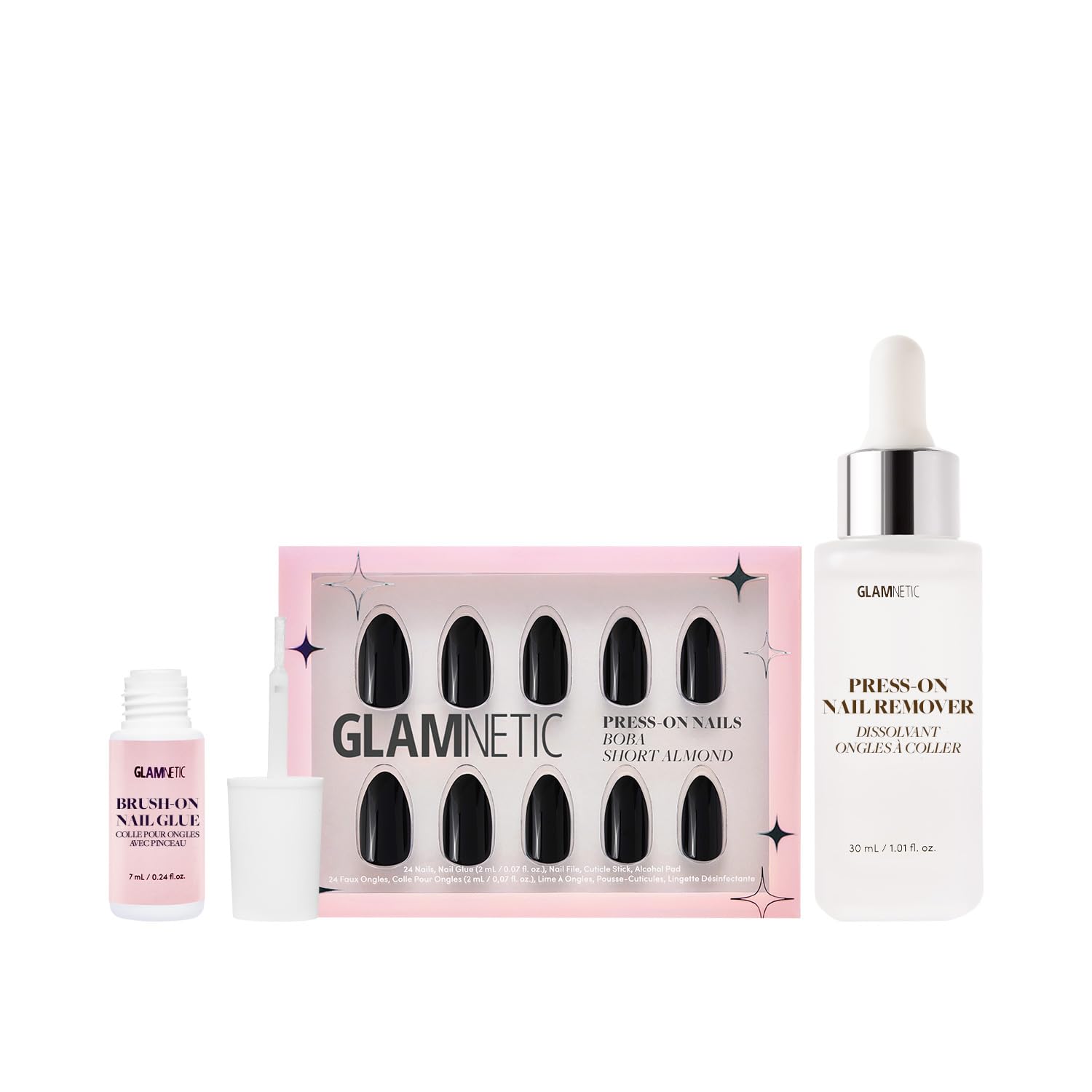 Glamnetic Press On Nails - Boba Opaque Black Fake Nails with Brush On Glue & Remover | Short Almond Shaped Reusable Artificial Nails | 12 Sizes (24 Pieces) for Women | Perfect for Parties, Weddings & Everyday Wear
