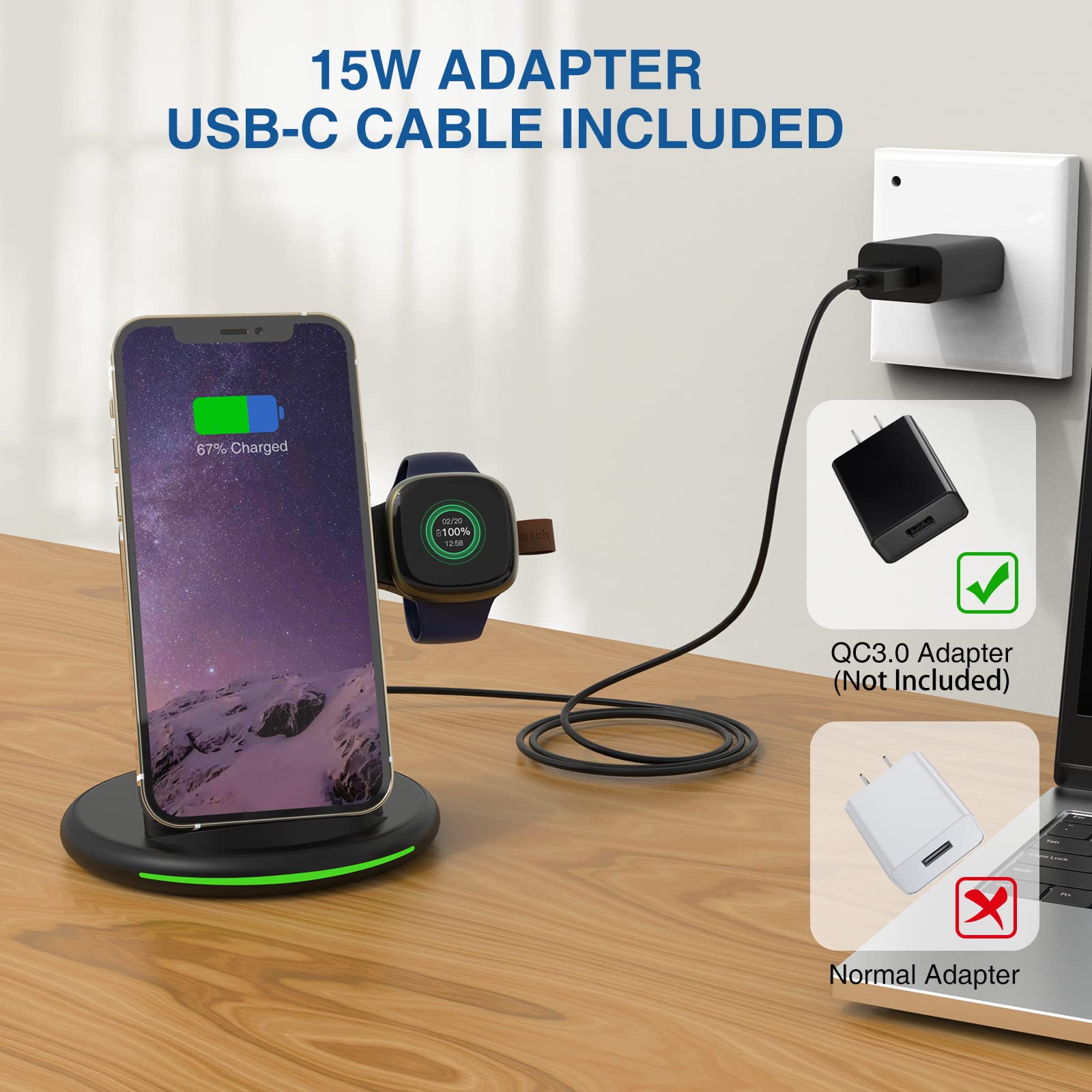 ACEQINGSE 3-in-1 Fast Wireless Charging Station for Fitbit Sense/Sense 2/Versa 3/Versa 4, iPhone 15/14/13/12/11/Plus/Pro Max, Samsung Galaxy S24/S23/S22 & AirPods Pro/3/Galaxy Buds Pro - Multi-Device Charger for Home, Office & Travel