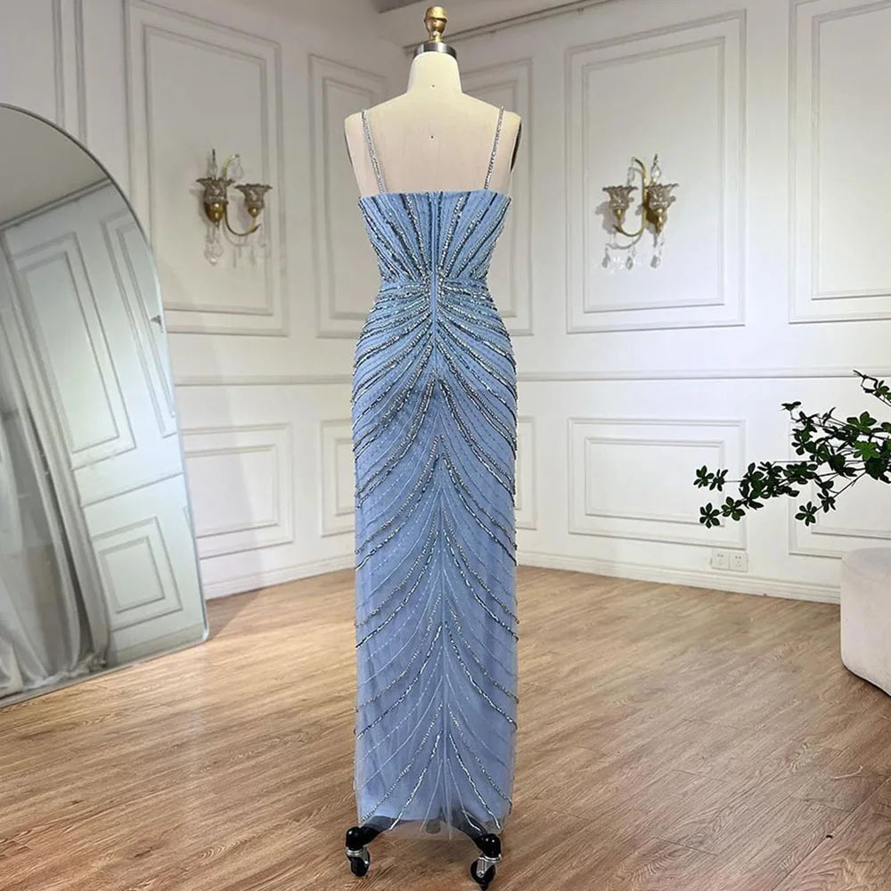 Elegant Dubai Blue Beaded Spaghetti Strap Mermaid Evening Gown with High Slit - Luxury Women's Formal Dress for Weddings, Galas & Red Carpet Events - Perfect for Prom, Cocktail Parties & Special Occasions