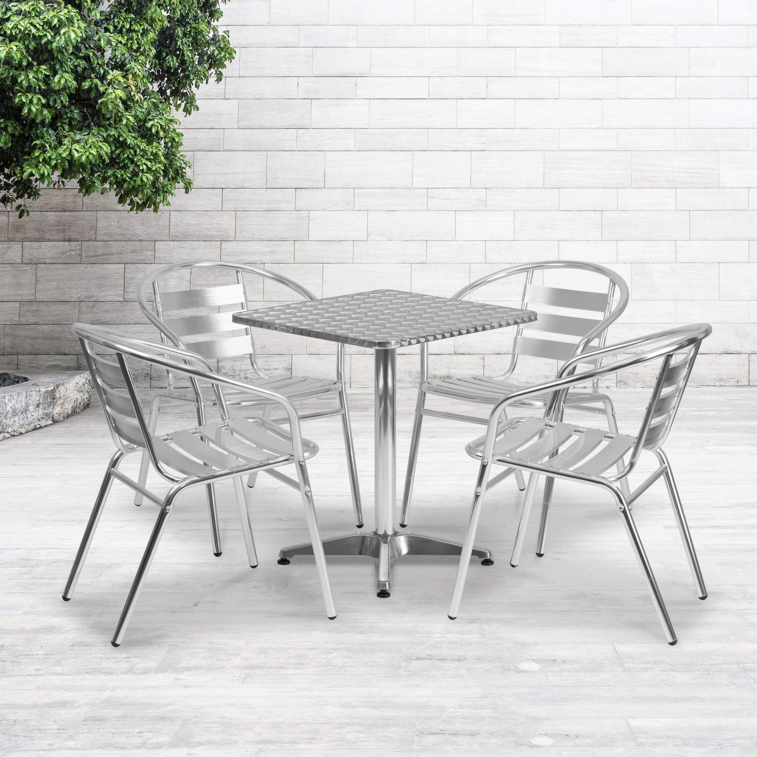 Flash Furniture 23.5'' Square Aluminum Patio Dining Table Set with 4 Slat Back Chairs - Perfect for Outdoor Entertaining, Backyard BBQs & Poolside Relaxation