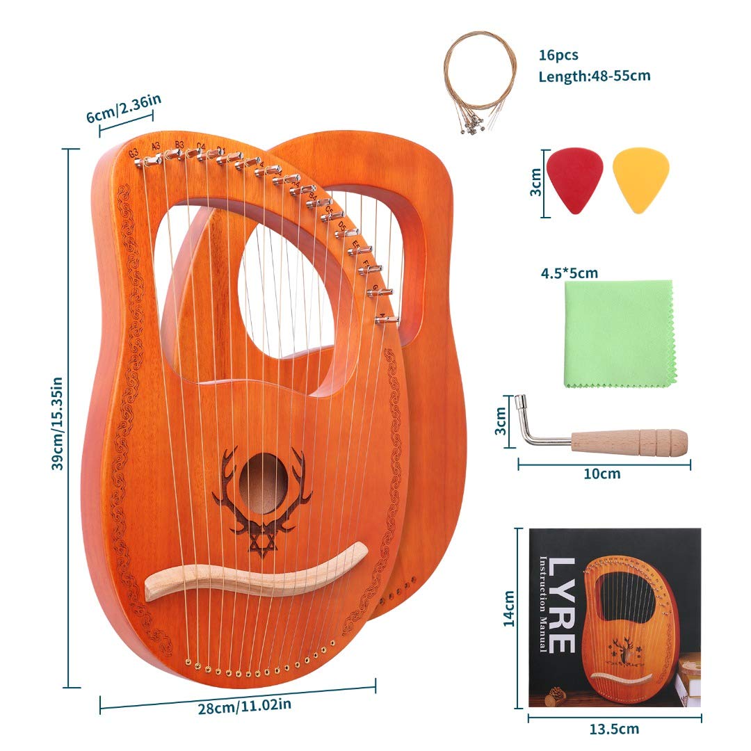 16 String Mahogany Lyre Harp with Tuning Wrench & String Set - Professional Musical Instrument for Beginners & Music Lovers | Perfect for Meditation, Home Decor & Celtic Music Performances