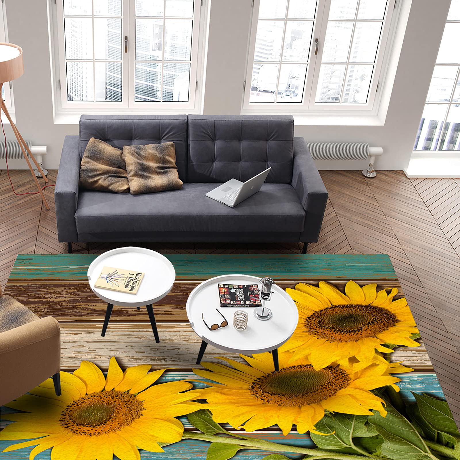 Soft Fluffy Area Rug 4'x6' - Non-Slip Living Room Carpet, Cozy Bedroom Rug, Dining Room Floor Mat with Sunflower Design on Wooden Board - Perfect for Home Decor & Comfort