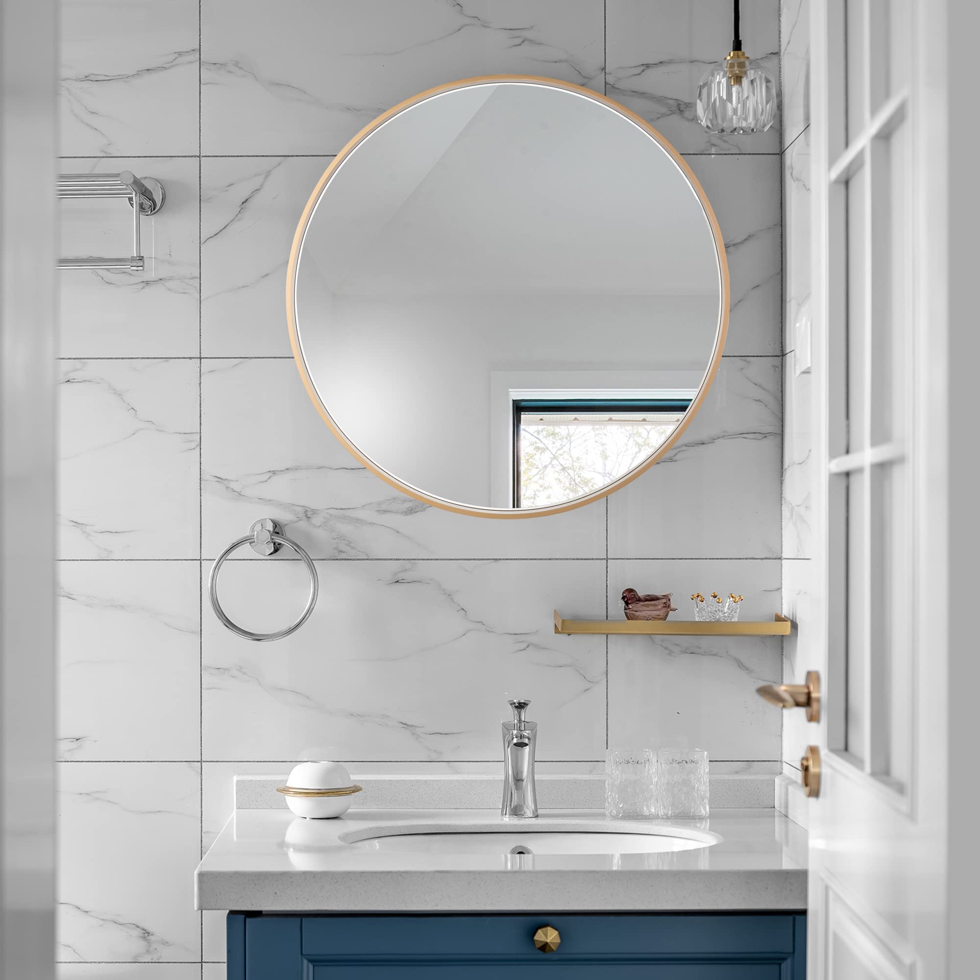 28 Inch Round Wall Mirror with Aluminum Frame - Gold Finish for Bathroom, Vanity, Bedroom, Living Room & Entryway | Elegant Home Decor & Space Enhancing Mirror