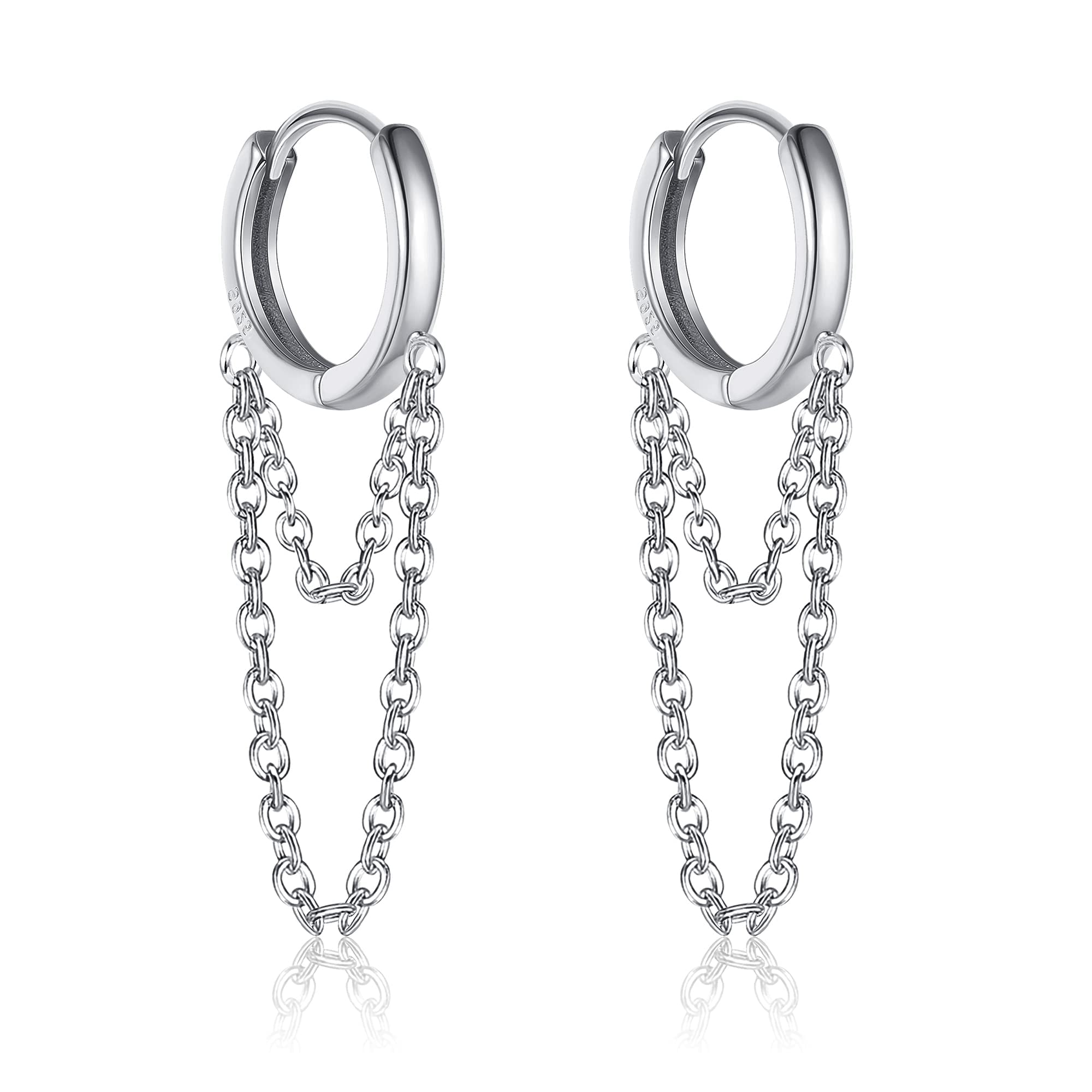 KRFY 925 Sterling Silver Hoop Earrings for Women - Minimalist Cartilage Huggie Hoops with Tassel Chain Dangle - Small Drop Chain Earrings in Silver | Perfect for Everyday Wear, Parties & Gifts