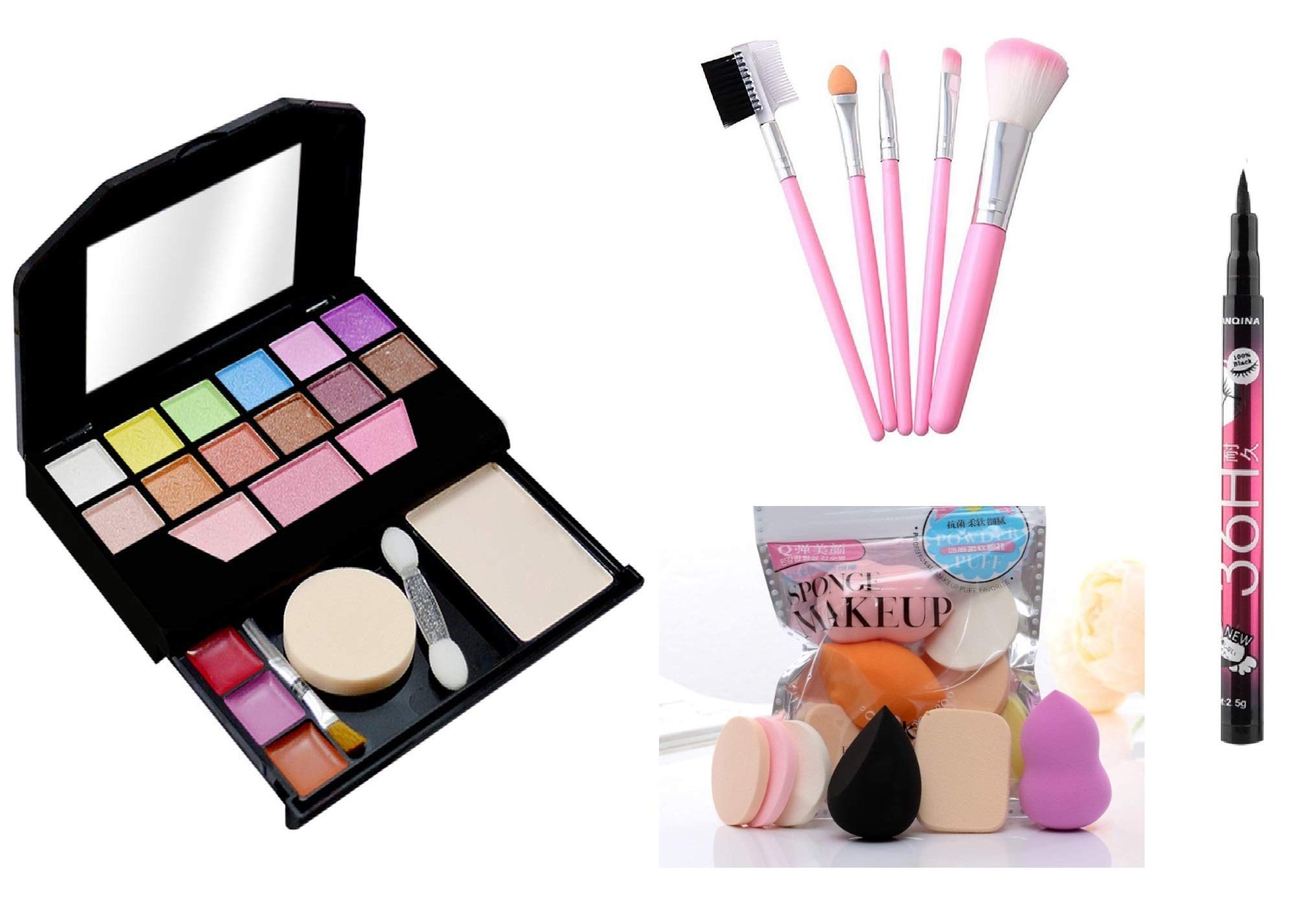 DATNASAYAD Mini Makeup Kit with 5-Piece Brush Set & 6 Makeup Sponges - 36 Hour Long Lasting Black Eyeliner | Perfect for Travel, Everyday Use & Professional Makeup Artists