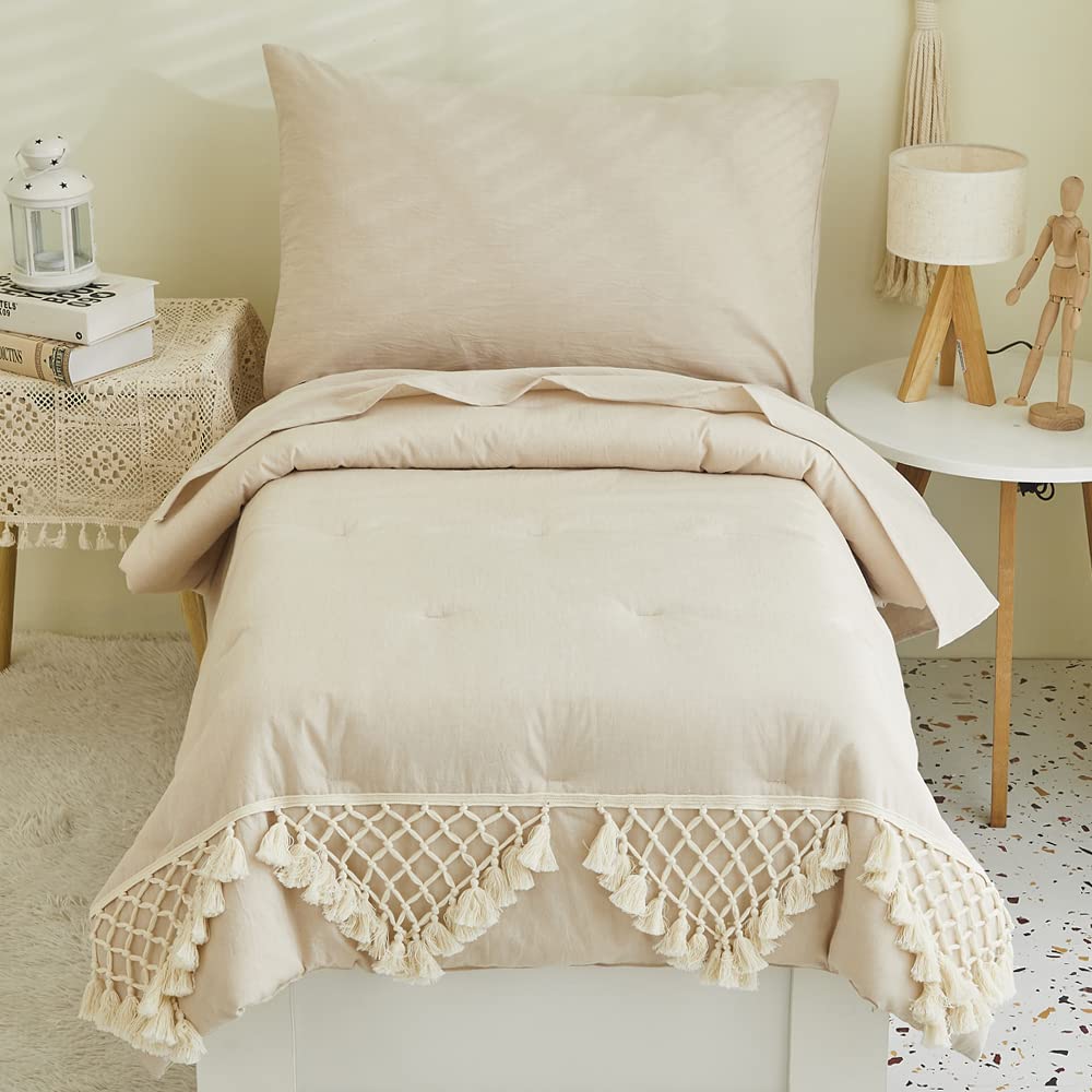 Brandream Unisex Boho Chic Toddler Bedding Set - 4 Piece Washed Cotton Comforter with Tassel Fringe, Beige Farmhouse Style for Boys & Girls | Perfect for Nursery, Kids Room & Minimalist Home Decor