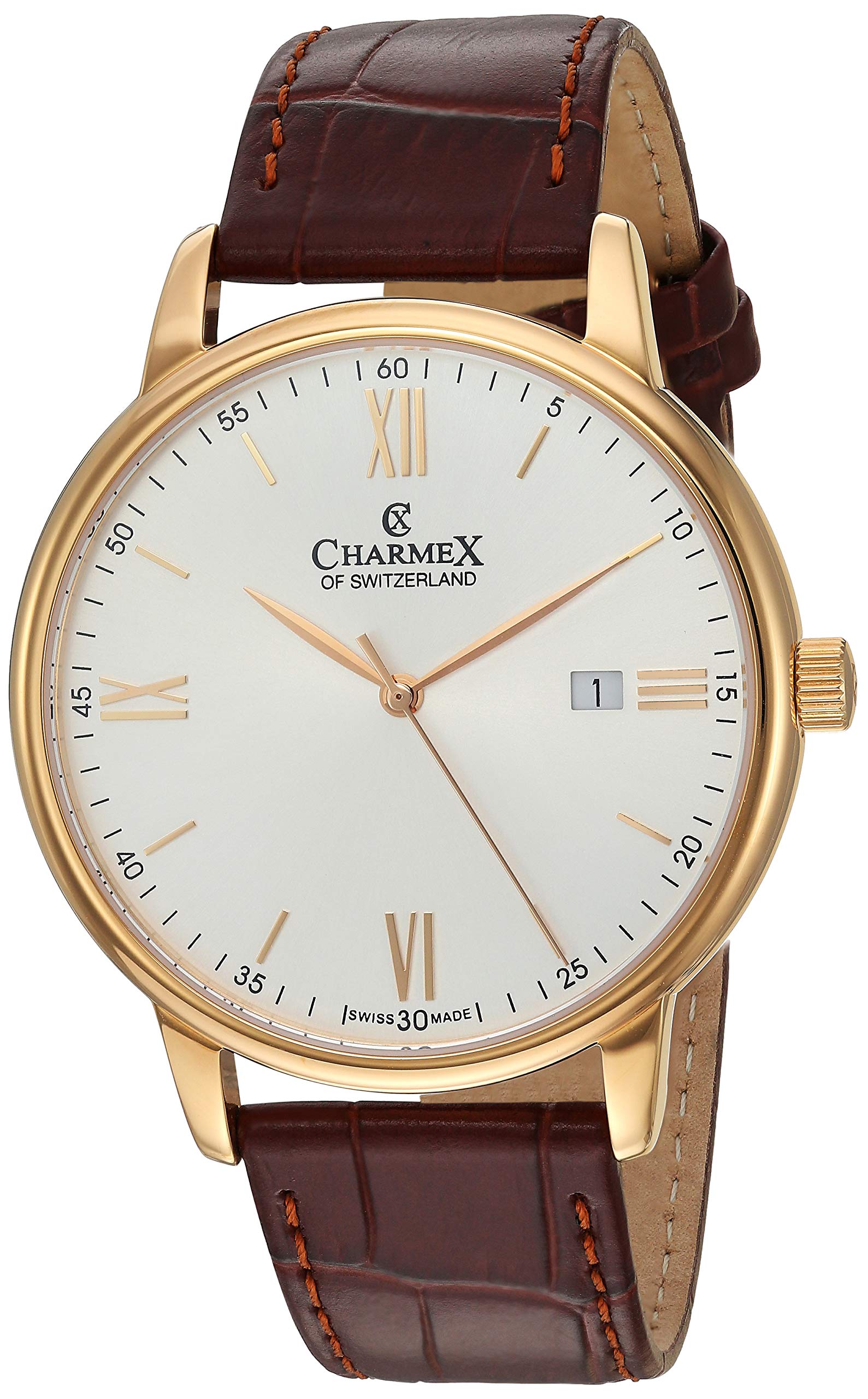 Charmex Men's 'Amalfi' 42mm Brown Leather Band Stainless Steel Swiss Quartz Watch - Perfect for Business, Casual & Formal Occasions