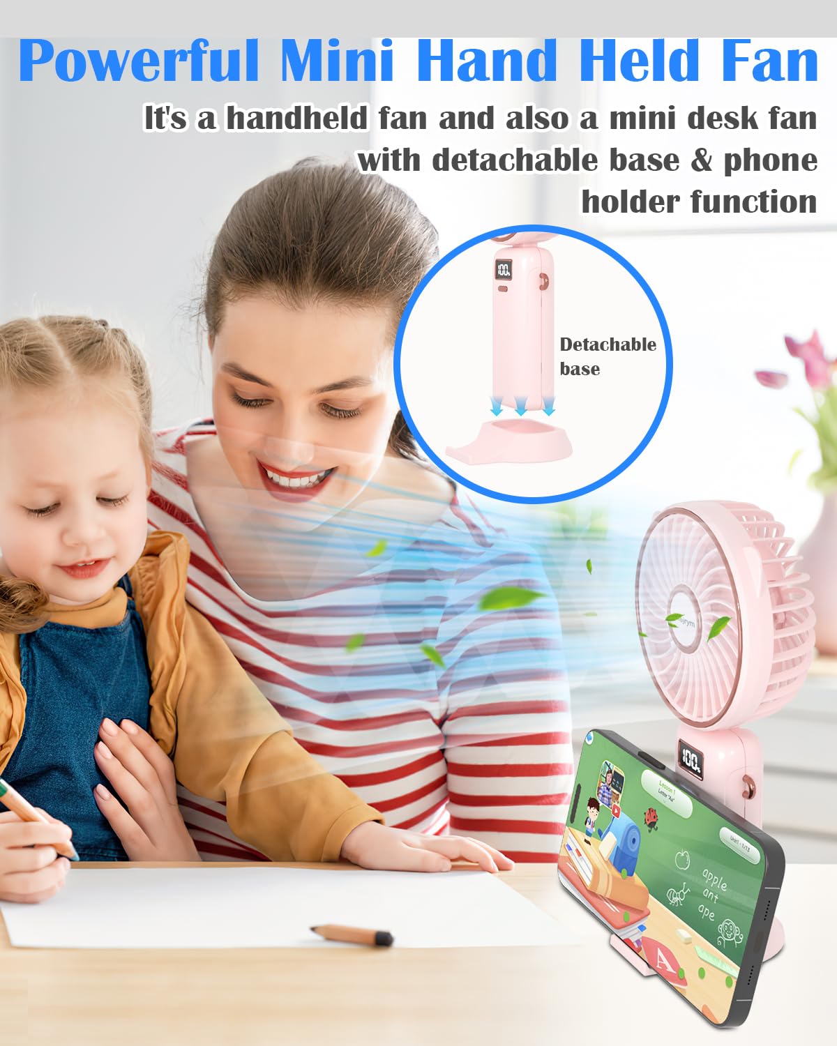 Portable Handheld Fan 4000mAh Rechargeable - Personal Mini Fan with LED Digital Display, 5 Speed Settings, 90° Adjustable, Ultra Quiet - Perfect for Travel, Office, Home, Gym & Outdoor Activities (Pink)