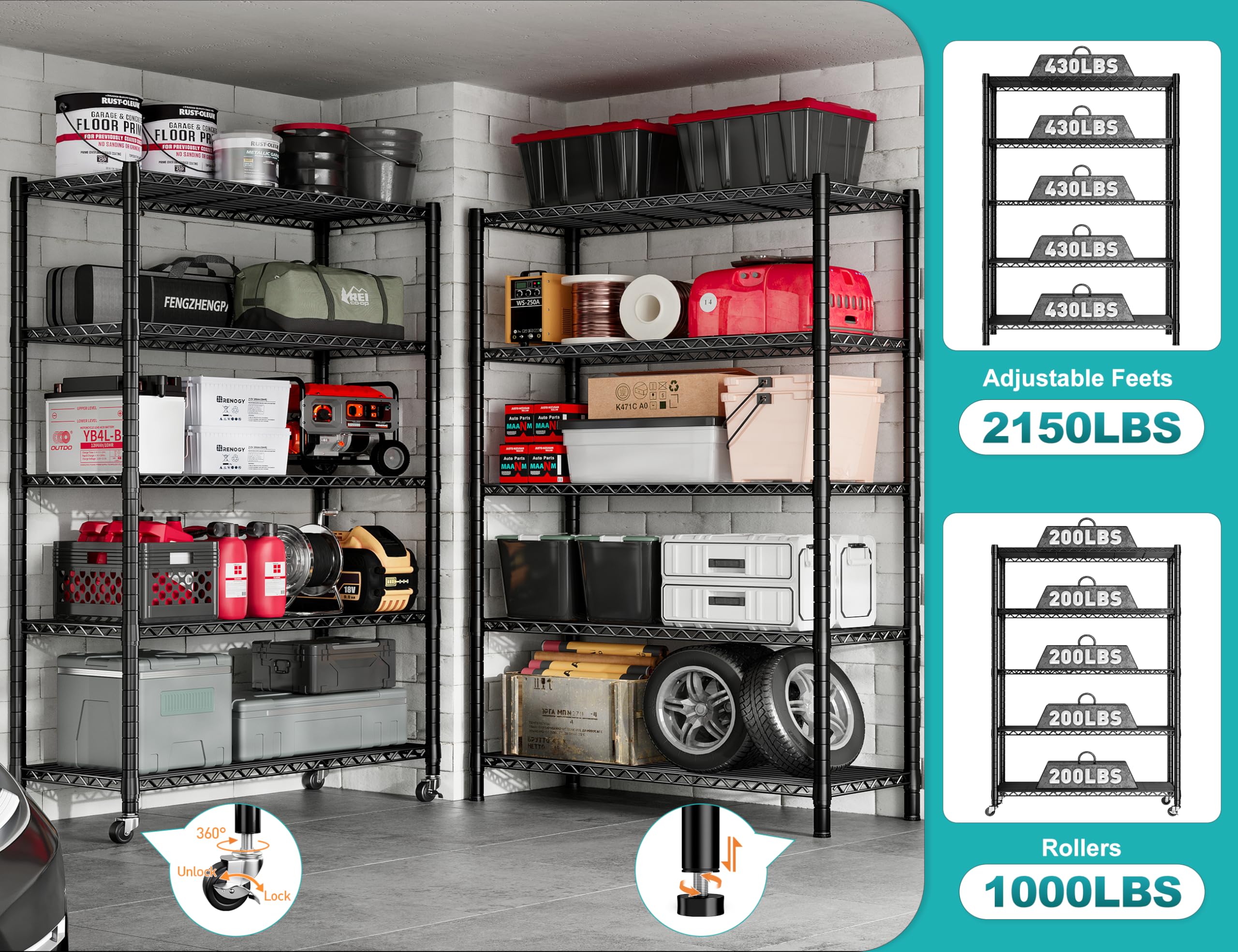 REIBII 5-Tier Heavy Duty Metal Storage Shelves with Wheels - 75.6