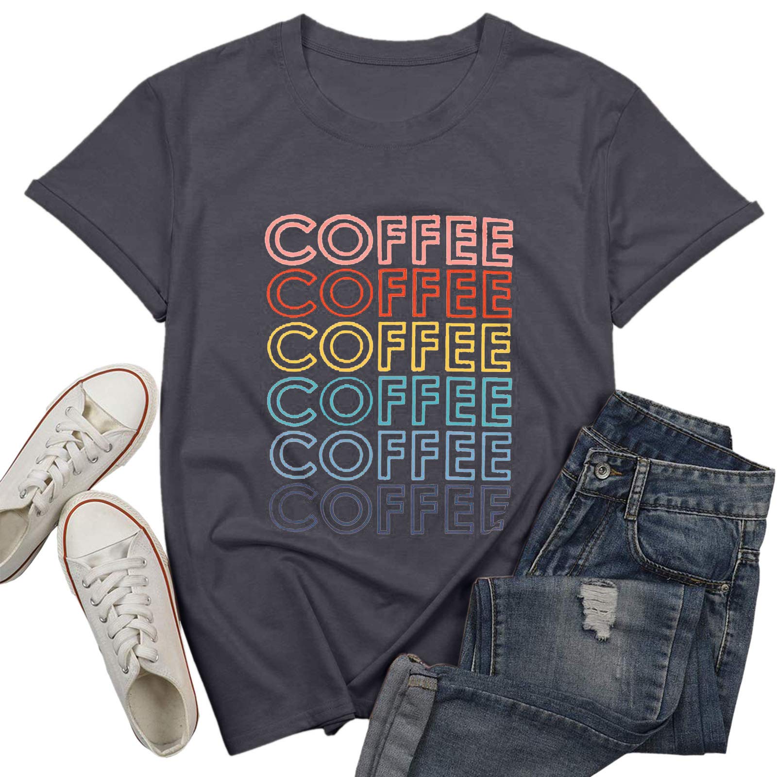 Women's Coffee Graphic T-Shirt - Vintage Letter Printed Short Sleeve Casual Tee Top | Perfect for Coffee Lovers, Casual Outfits & Everyday Wear