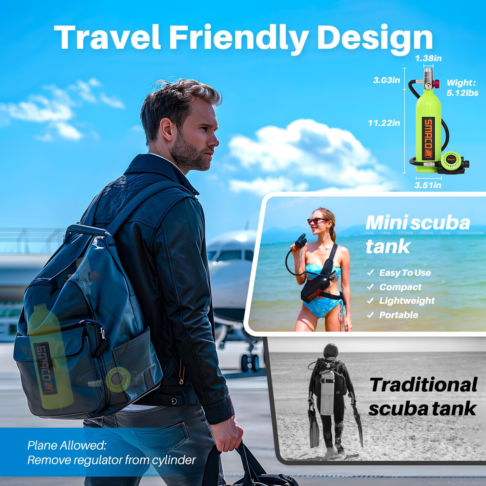 SMACO 1L Mini Scuba Tank - Portable Diving Oxygen Cylinder with 20 Minutes Dive Time | Compact Scuba Gear for Underwater Exploration, Emergency Rescue & Recreational Diving | Perfect for Snorkeling, Spearfishing & Backup Air Supply
