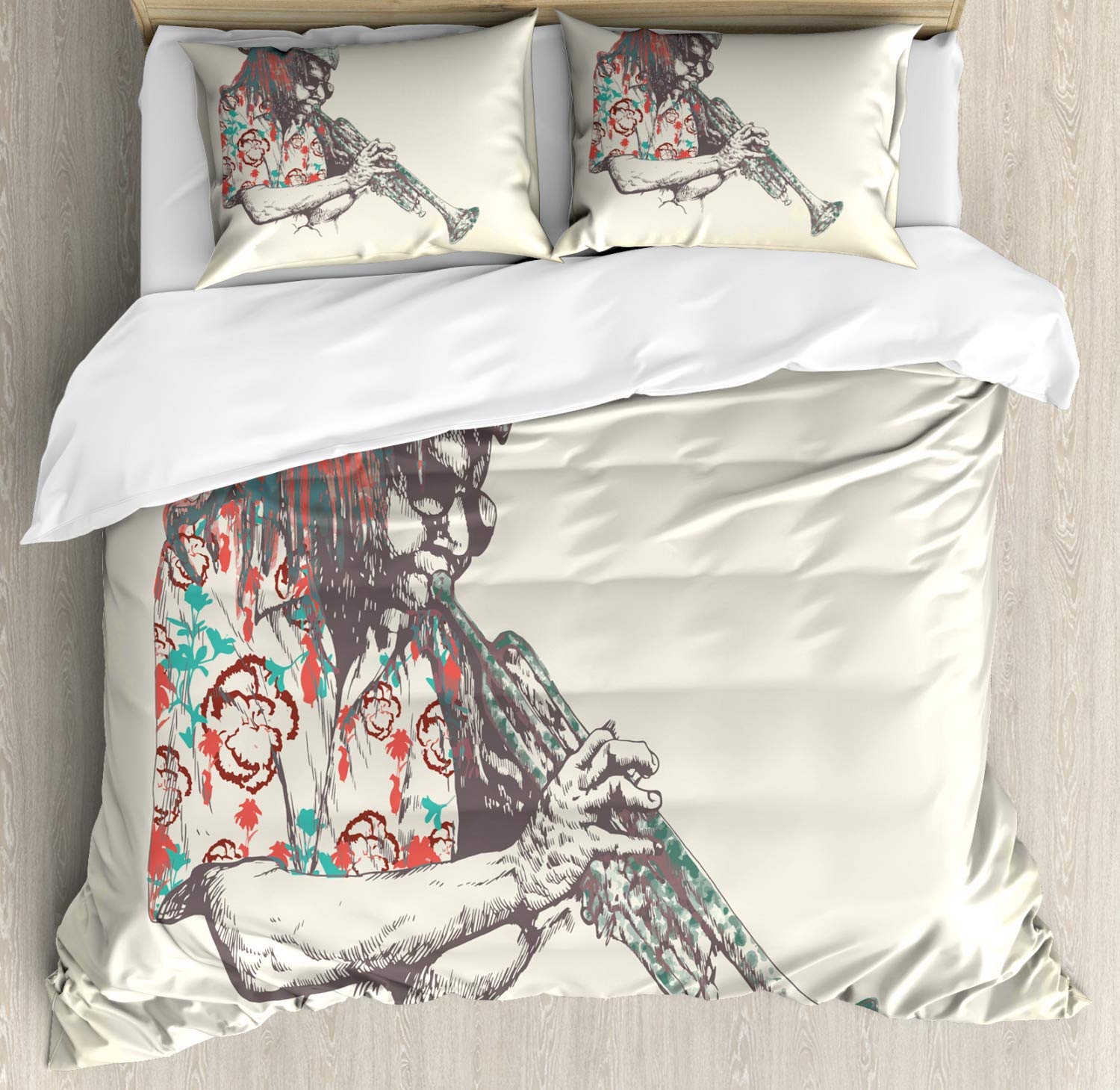Ambesonne New Orleans Duvet Cover Set - California King Size 3-Piece Bedding with Trumpet Player Illustration | Hand-Drawn Musician Design in Cream Vermilion Teal | Perfect for Jazz Lovers & Boho Bedroom Decor