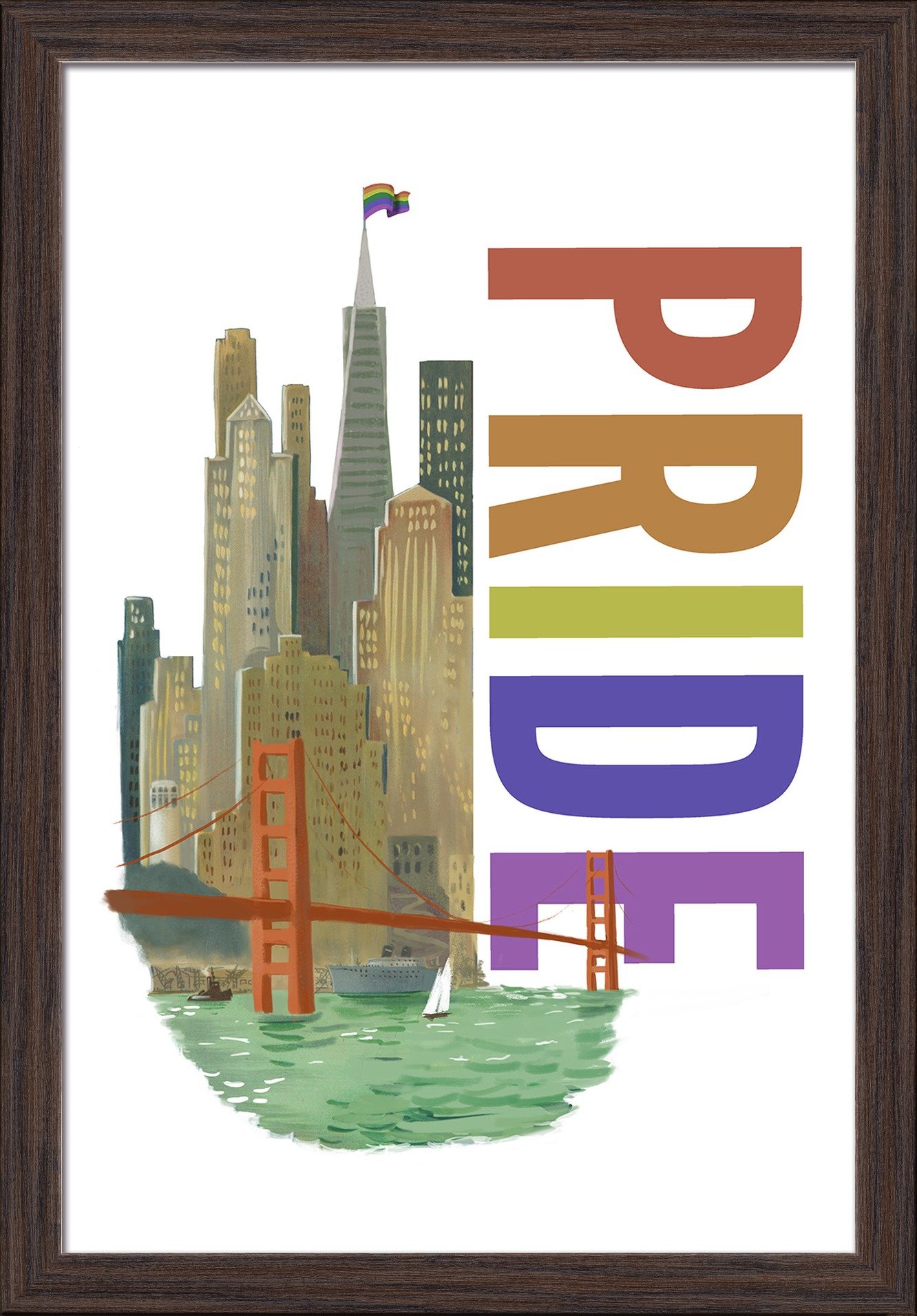 San Francisco California Gay Pride Vintage Watercolor Skyline Art Print - 16x24 Giclee Fine Art with Recycled Wood Frame in Espresso Brown - Perfect for LGBTQ+ Home Decor, Office Wall Art & Pride Month Celebrations