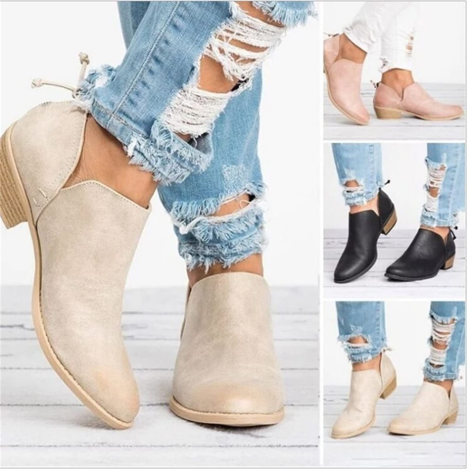 Lausiuoe Women's Ankle Booties - Sexy Low Heel Chunky Block Cutout Western Boots for Casual & Dressy Outfits | Slip-On Comfort for Work, Parties & Date Nights