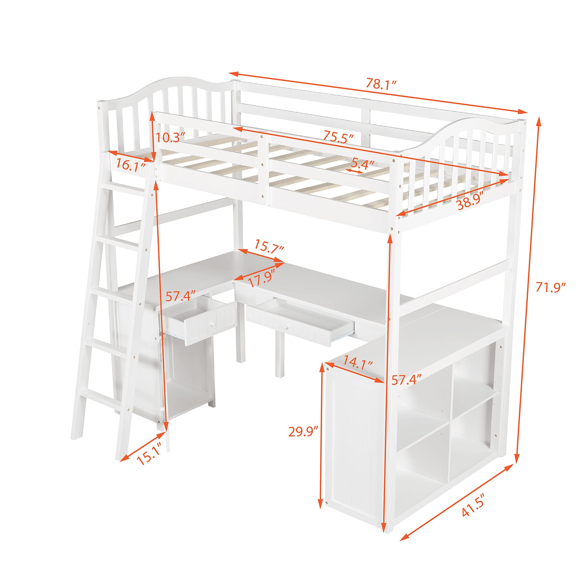 **Twin Size Wooden Loft Bed for Kids with Desk, Drawers, Cabinet & Shelves - Space-Saving Multi-Functional Bed Frame - Perfect for Small Bedrooms, Dorms & Kids' Rooms (White)**