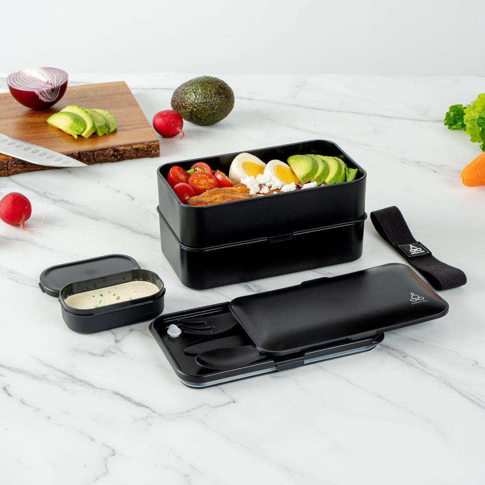 Bento Tek 41 oz Black Buddha Box - All-in-One Lunch Container with Utensils & Sauce Cup (7.25