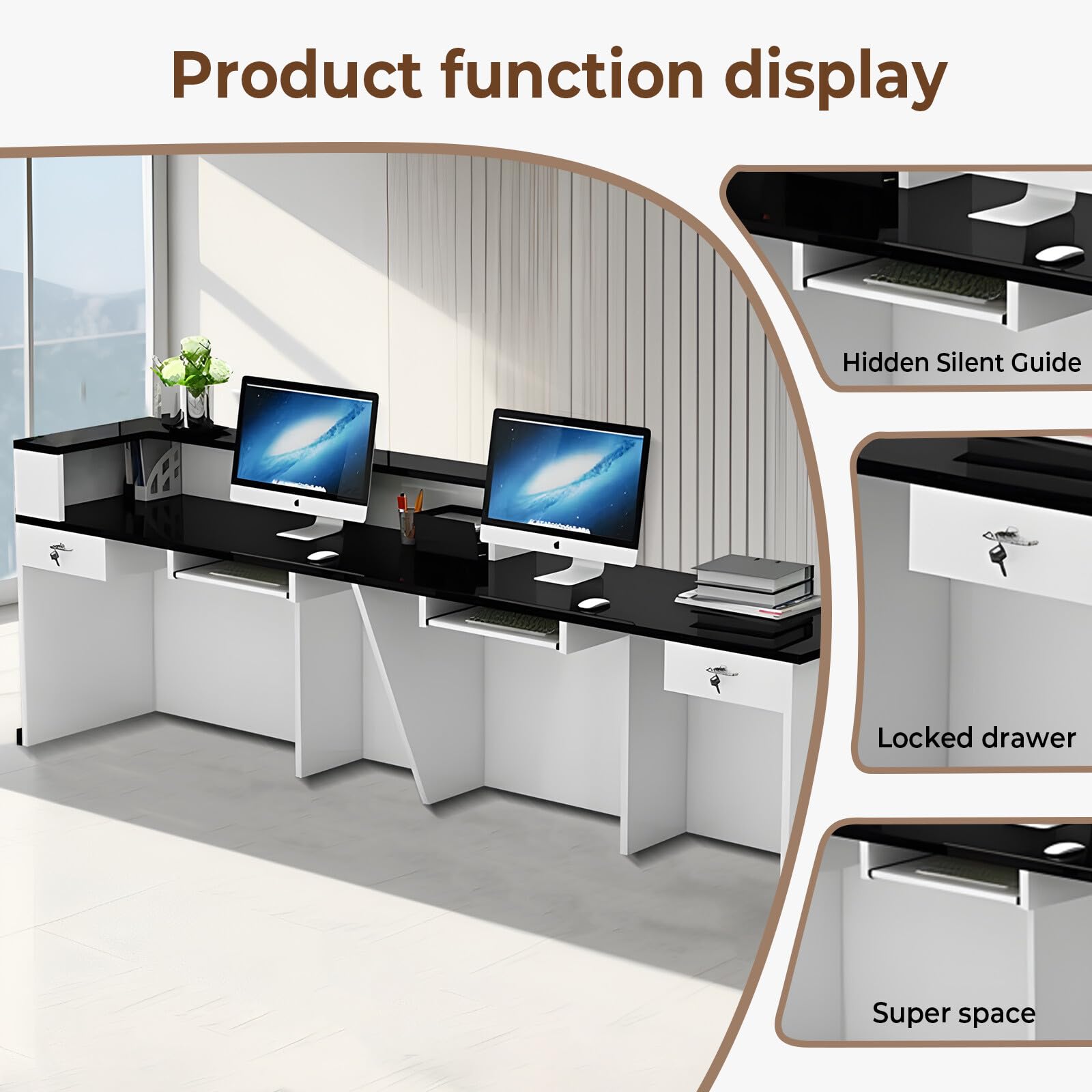 Modern Wooden Reception Desk with Counter & Lockable Storage Drawers - Office Front Desk with Keyboard Holder, 86.61