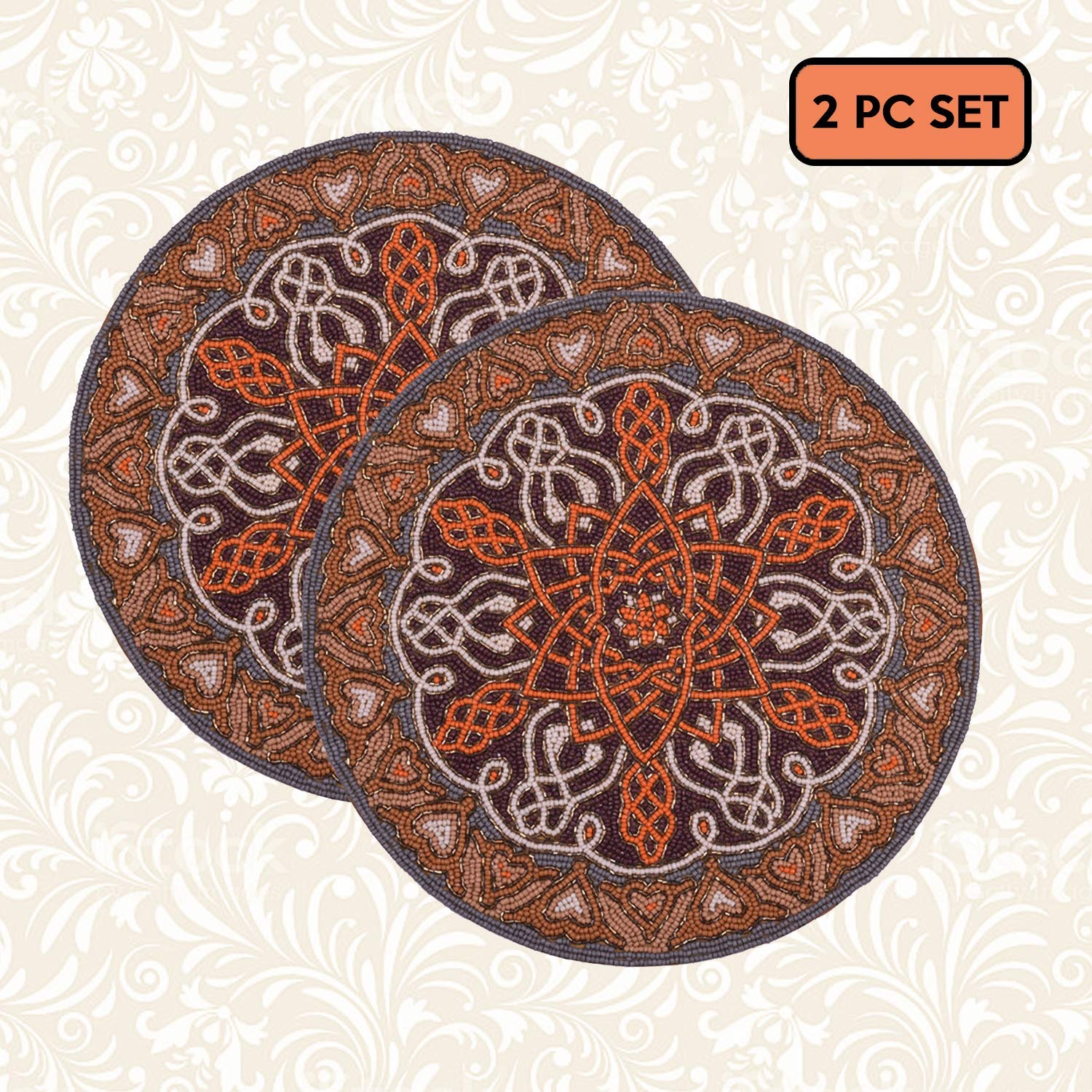 Decozen Orange Gray Beaded Placemats Set of 2 - 14 Inch Round Heat Resistant & Scratch Proof Table Mats for Dining Table, Coffee Table, Kitchen Decor - Perfect for Holiday Dinners, Parties & Everyday Use