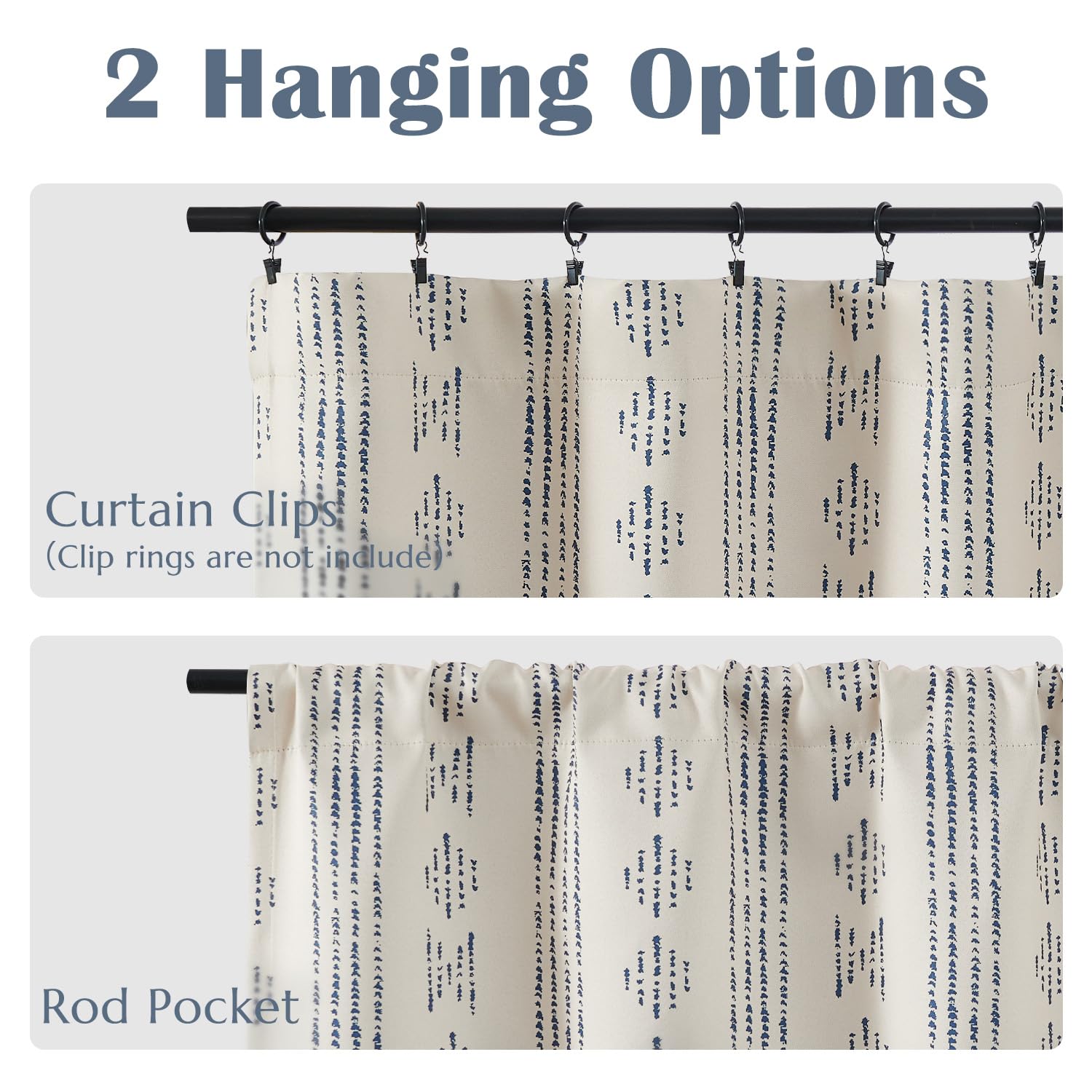 Jinchan 100% Blackout Bohemian Kitchen Curtains 24 Inch - Thermal Insulated Cafe Tier Curtains for Bedroom, RV, Basement - Blue on Beige Drapes for Half Windows | Perfect for Room Darkening & Energy Savings in Boho Style Homes