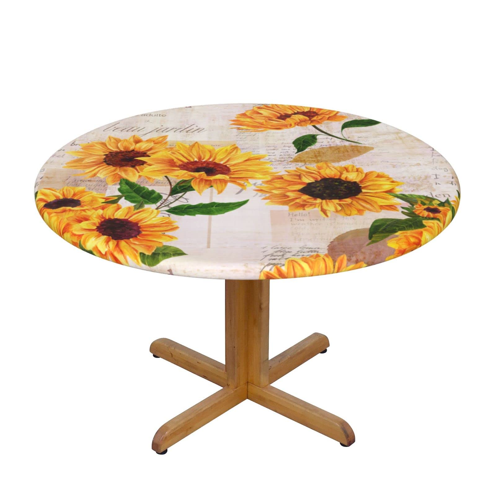 Vintage Sunflower Round Tablecloth - Elastic Fitted, Waterproof & Wipeable Table Cover - Perfect for Indoor & Outdoor Dining, Picnics, and Party Decor (Medium Size)