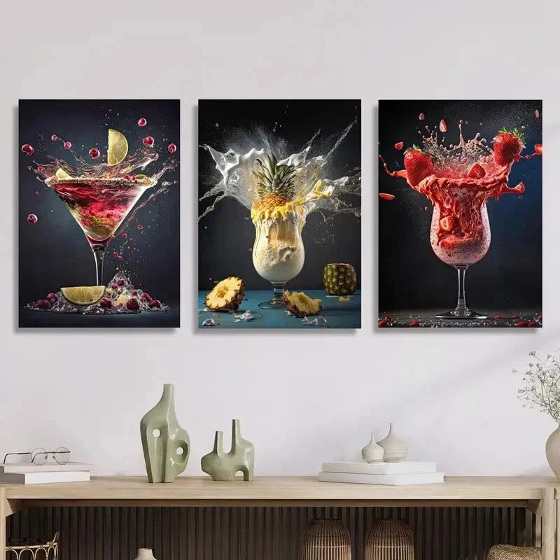 3-Piece Abstract Lemon Pineapple Strawberry Wall Art Set - Framed Canvas 50x70cm - High Quality Print - 100% Australian Made - Ready to Hang - Perfect for Kitchen, Dining Room & Home Decor
