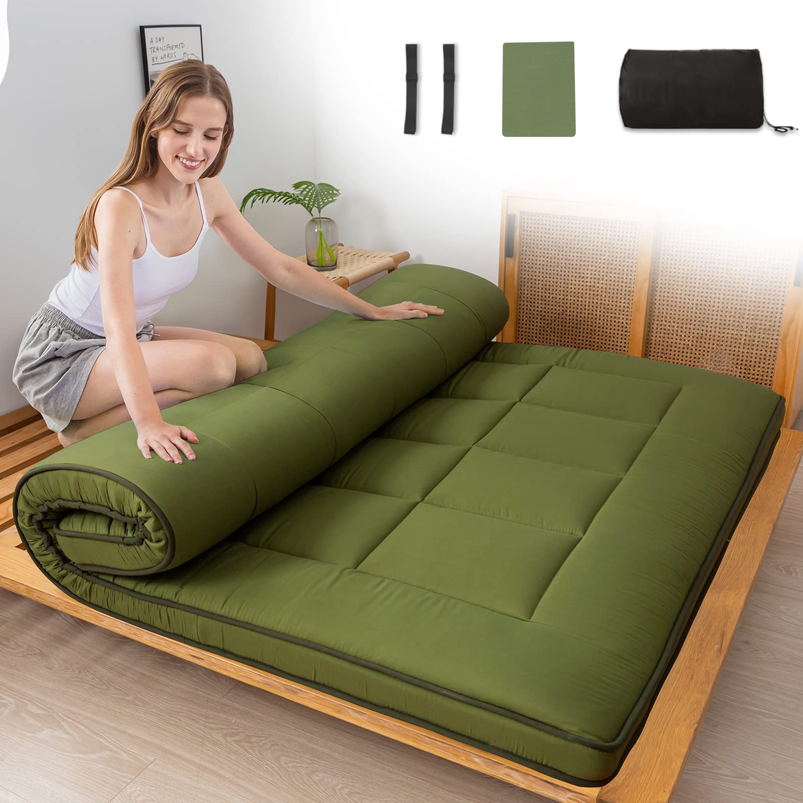 MAXYOYO Japanese Floor Mattress for Adults - 4 Inch Thick Roll Up Futon Mattress (Shikibuton) in Green | Portable Floor Bed for Guest Room, Camping & Small Space Living