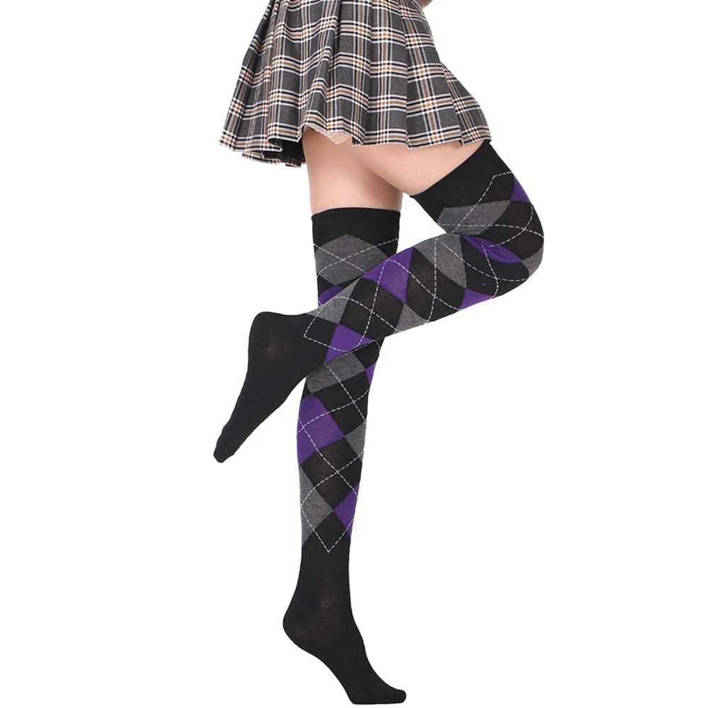 Benefeet Women's Thigh High Argyle Socks - Striped Over Knee Stockings for Fun Outfits