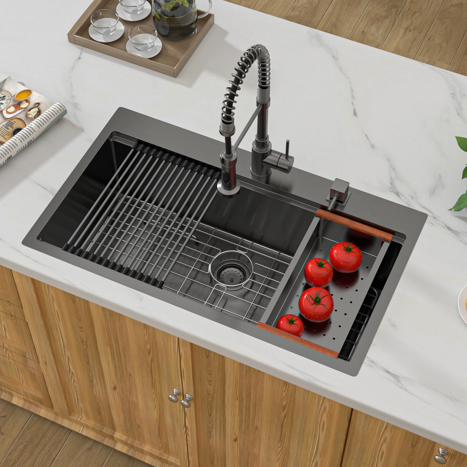 33x22 Inch Gunmetal Black NANO-PVD Drop-In Kitchen Sink - 16 Gauge Stainless Steel Single Bowl Topmount Sink with Ledge Workstation | Perfect for Modern Kitchens, Restaurant Prep & RV Cooking