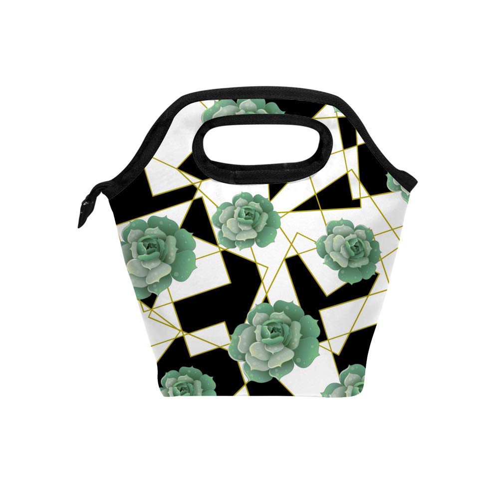 Kuizee Insulated Lunch Bag Tote - 11.5 Inch Thermal Food Container for Work, School, Picnic & Outdoor Travel | Leakproof Lunchbox with Botanical Succulent Plant & Golden Frame Design