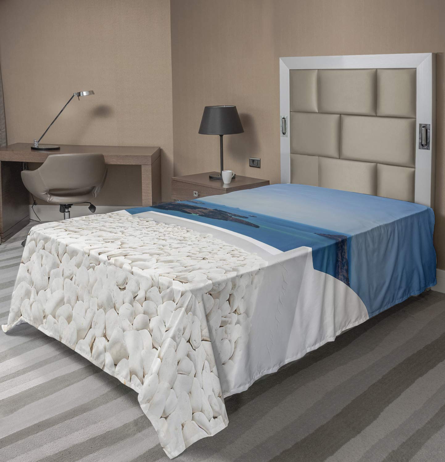Ambesonne Travel Flat Sheet - Santorini Island Greece Landscape with Sea Art - Soft Comfortable TwinXL Top Sheet - Turquoise & White Decorative Bedding for Hotels, Dorms, Vacation Homes & Guest Rooms