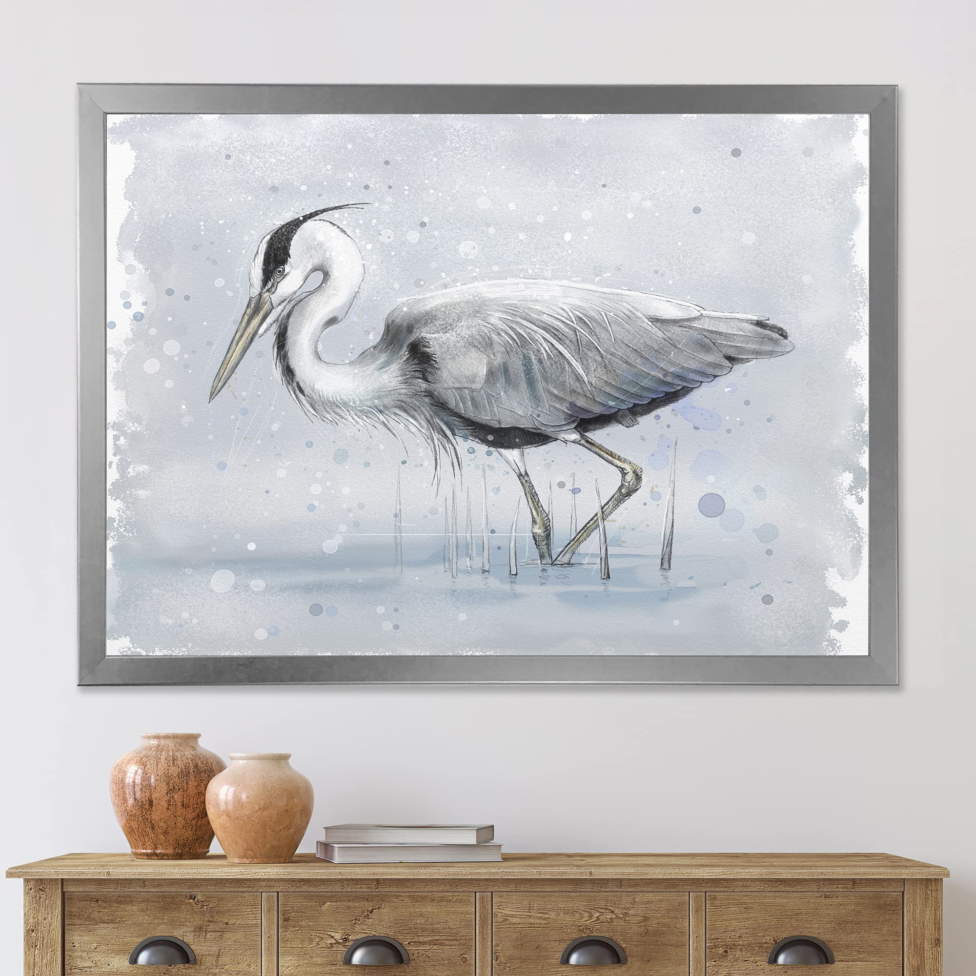 Grey Heron Bird Farmhouse Framed Wall Art - Rustic Home Decor for Living Room, Bedroom & Office - Nature Inspired Canvas Painting for Coastal & Country Style Interiors