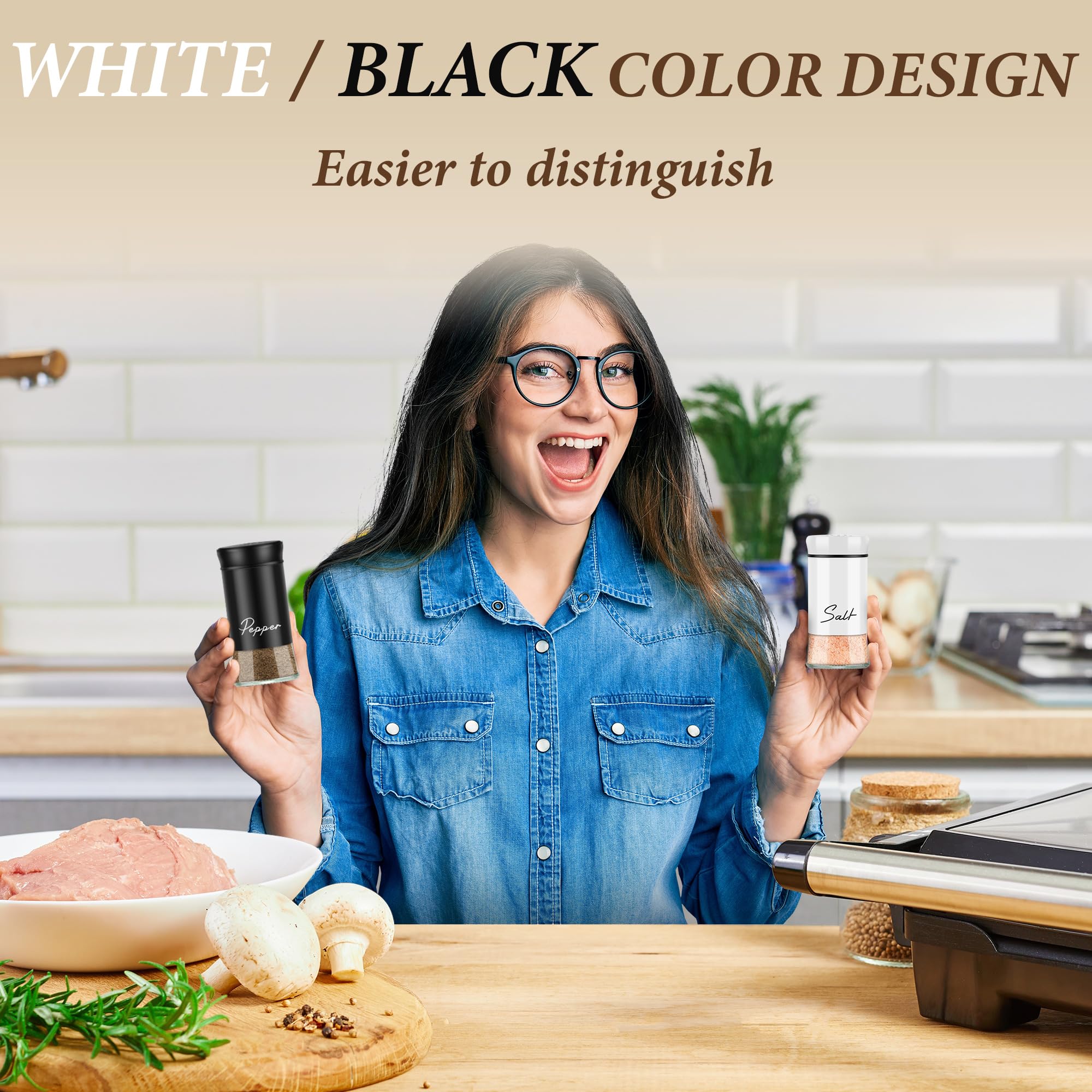 Premium Salt and Pepper Shakers Set - Refillable Stainless Steel Kitchen Accessories for Cooking & Dining | Elegant Black & White Design | Perfect Housewarming Gift, Christmas Present & Countertop Decor