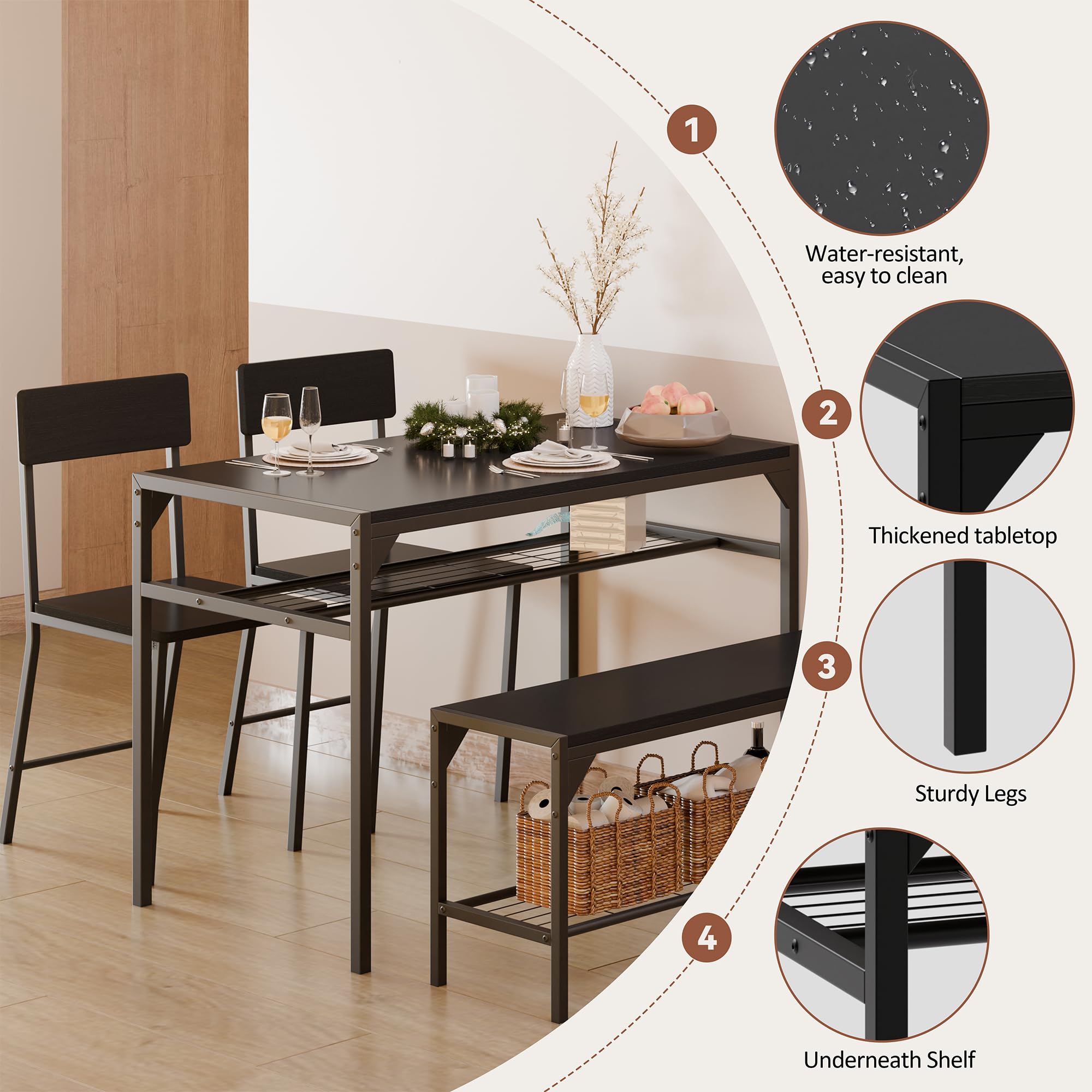 Meilocar 4-Piece Wooden Dining Table Set with 2 Chairs & Bench, Industrial Kitchen Table with Storage Racks - Perfect for Small Spaces, Breakfast Nooks & Modern Farmhouse Dining Rooms