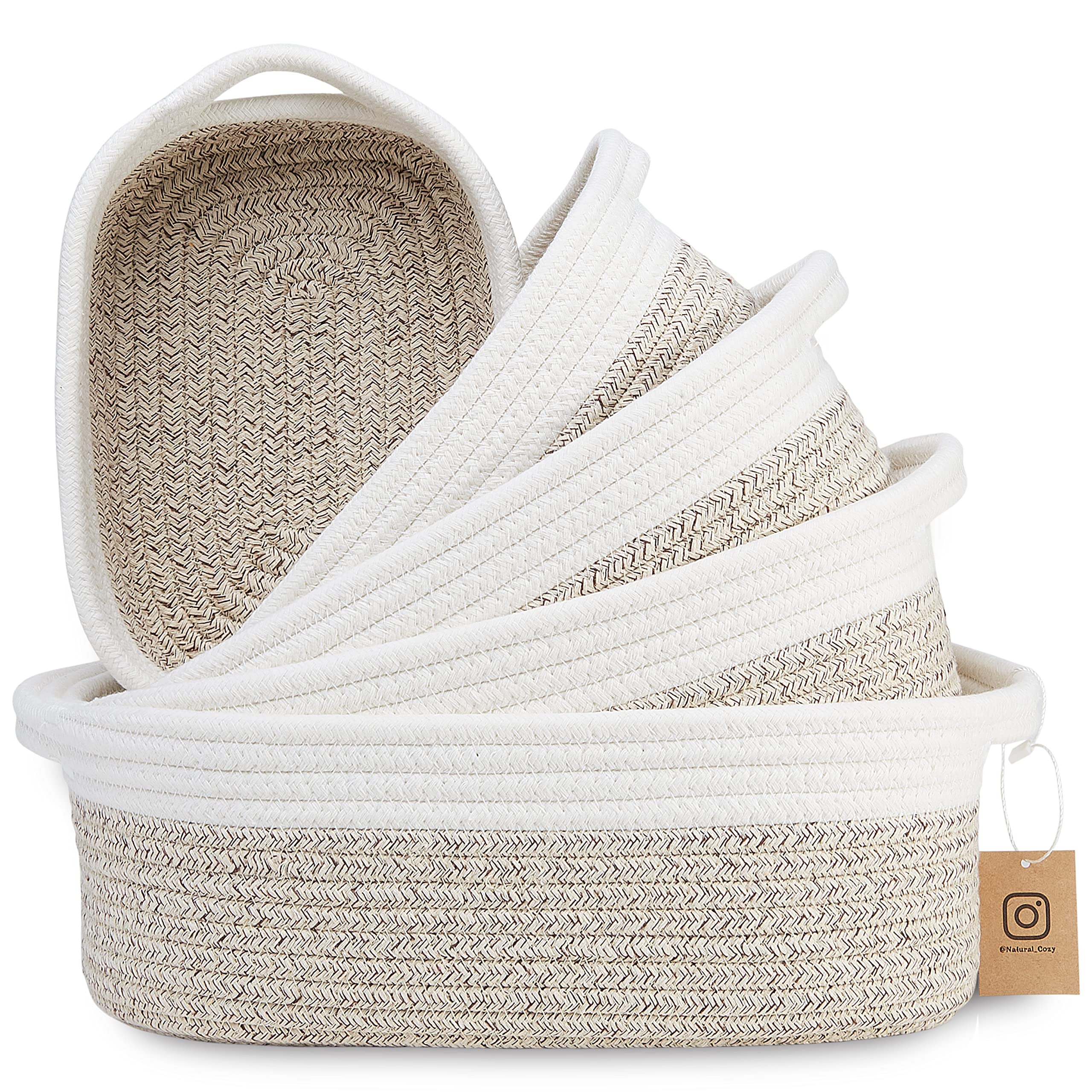 NaturalCozy 5-Piece Rectangle Storage Basket Set - Handwoven Cotton Rope Organizer Bins for Home, Nursery & Pet Toys | Perfect for Montessori, Baby Room, Dog & Cat Toy Storage, Bathroom Organization & Clutter Control