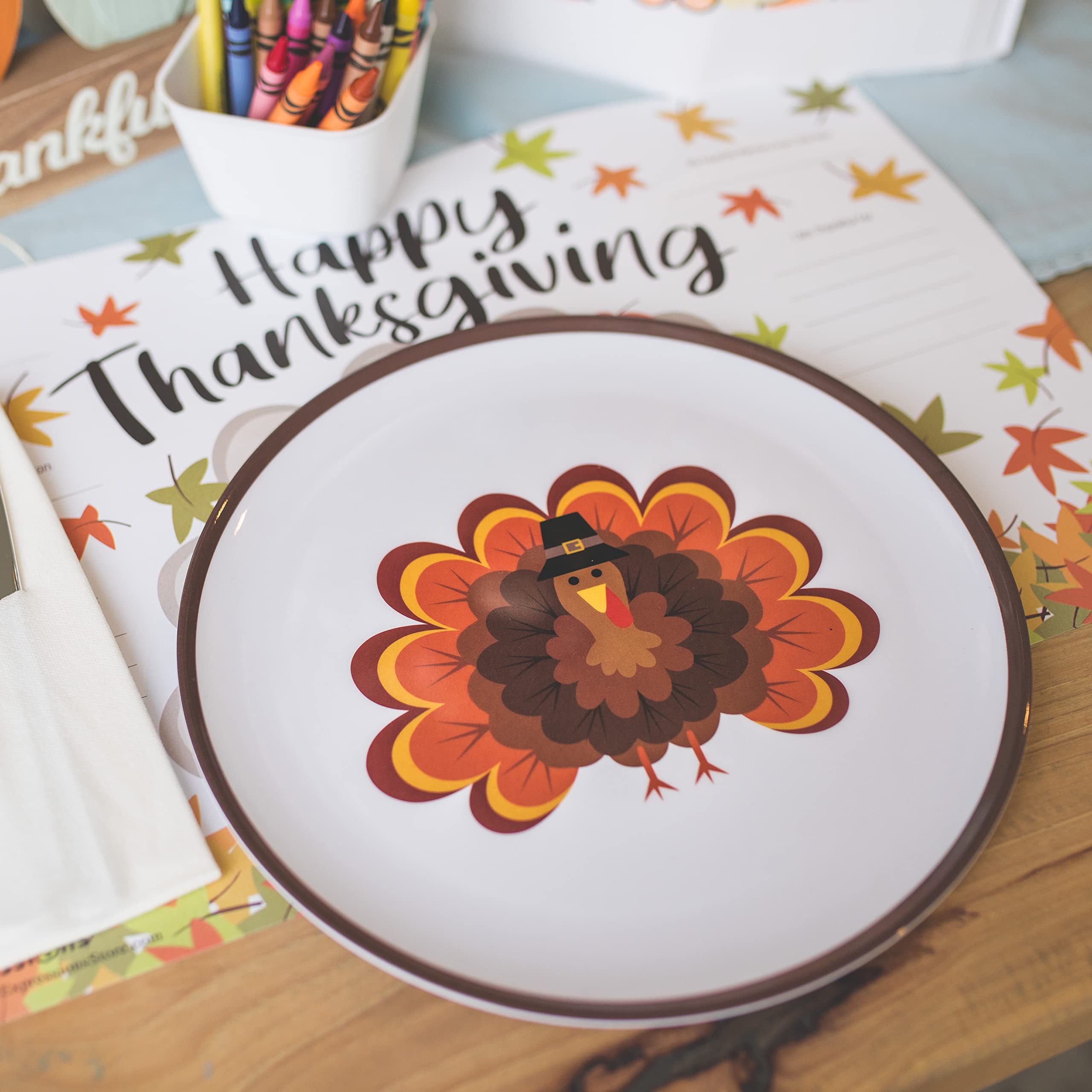 Tiny Expressions - 4 Pack Kids Thanksgiving Plates with Adorable Turkey Designs - Durable Melamine Dinnerware for Holiday Meals & Celebrations - Perfect for Family Gatherings, School Parties & Festive Dinners